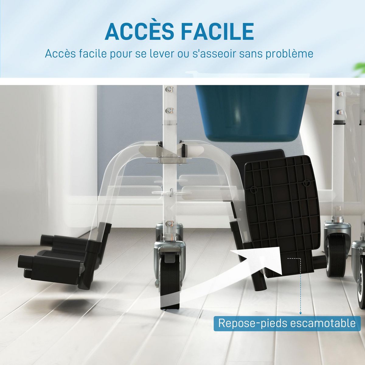 HOMCOM Chaise percée médicale à roulettes - repose-pieds, dossier, accoudoirs, pot amovible, support papier - alu blanc HDPE noir