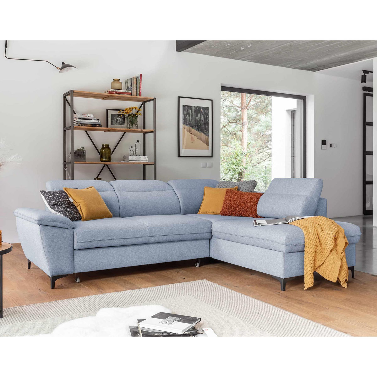 BEST MOBILIER Clever - canapé d'angle droit - 5 places - convertible avec coffre et têtières - en tissu