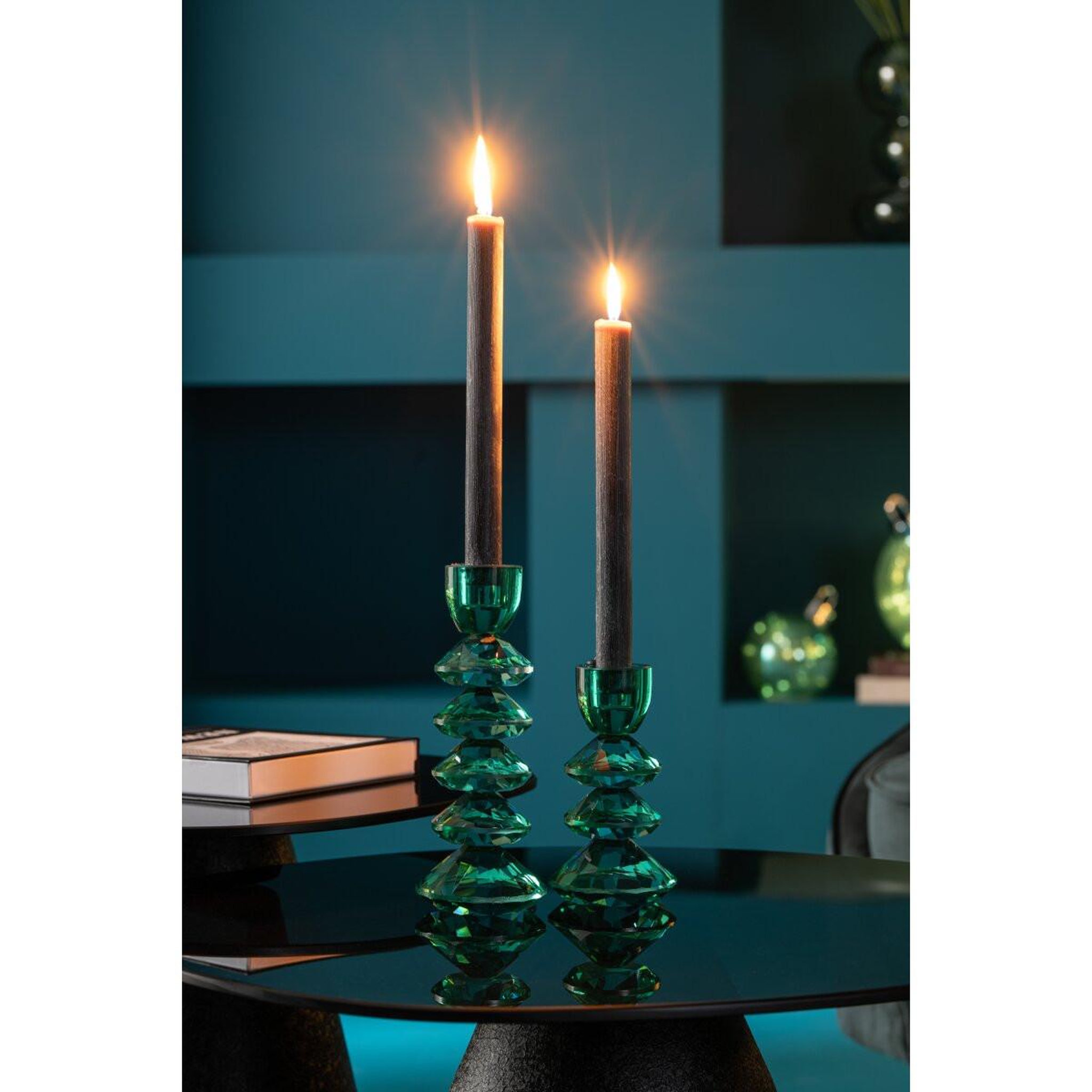 Voir la diapositive 3 : J-LINE Lot de 2 bougeoirs en verre  brahim  21cm turquoise