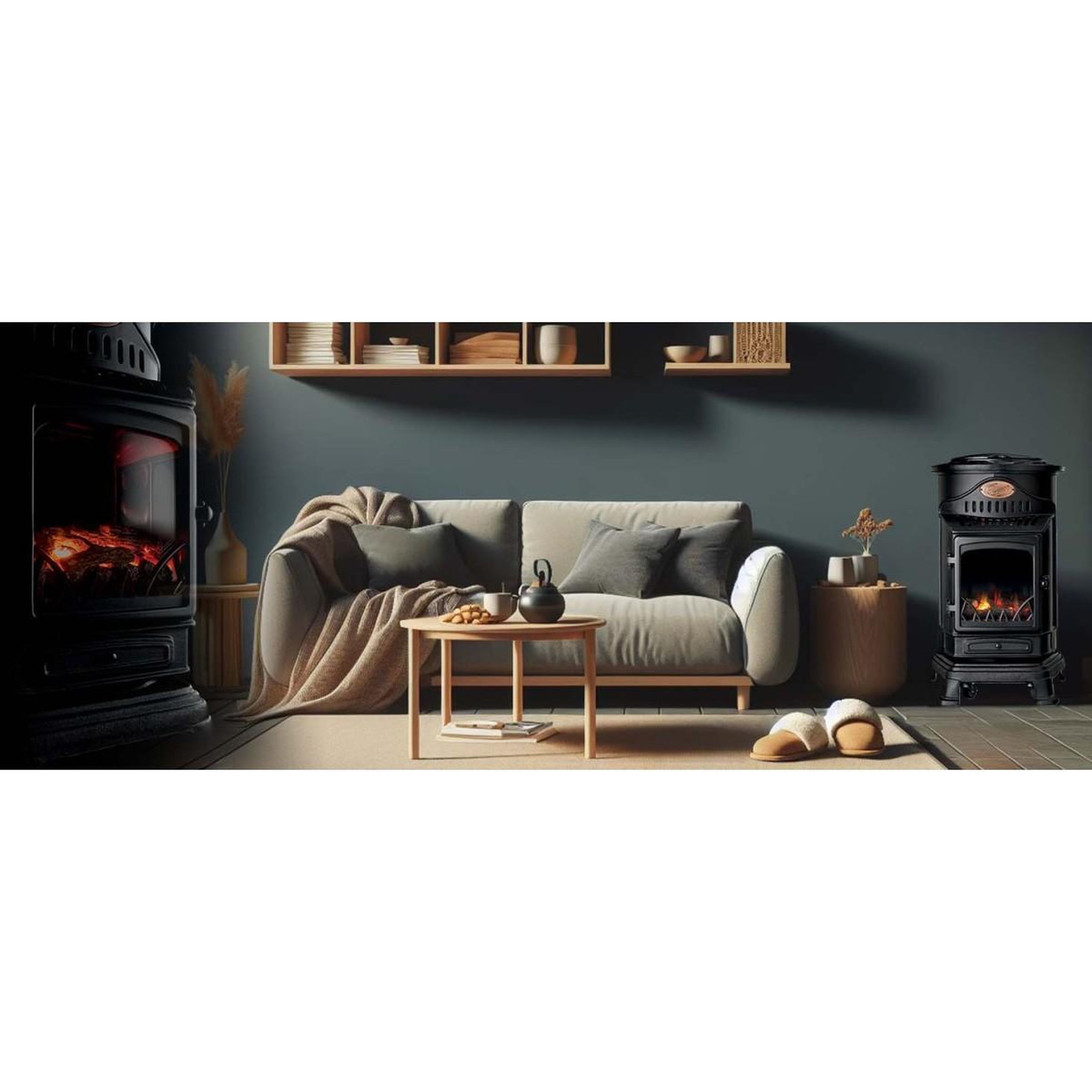 Voir la diapositive 3 : UNIVERSAL Poêle à gaz 3,4KW NOIR Fonte Véritable Effet feu de bois + Tuyau gaz + Détendeur butane Provence UNIVERSAL