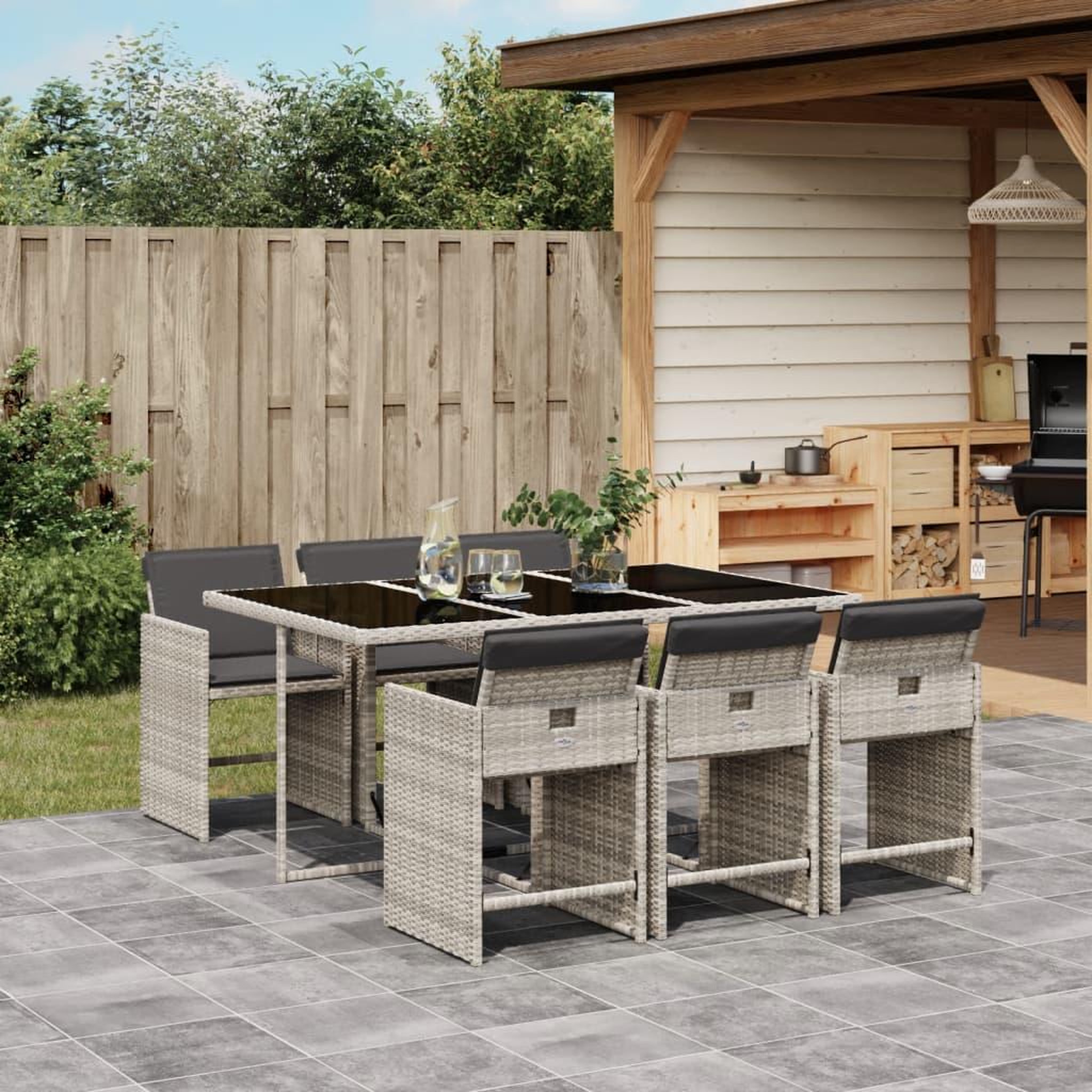VIDAXL Ensemble a manger de jardin et coussins 7 pcs gris clair rotin