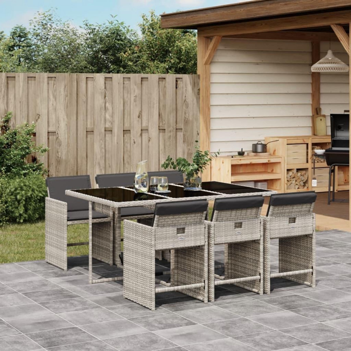 VIDAXL Ensemble a manger de jardin et coussins 7 pcs gris clair rotin