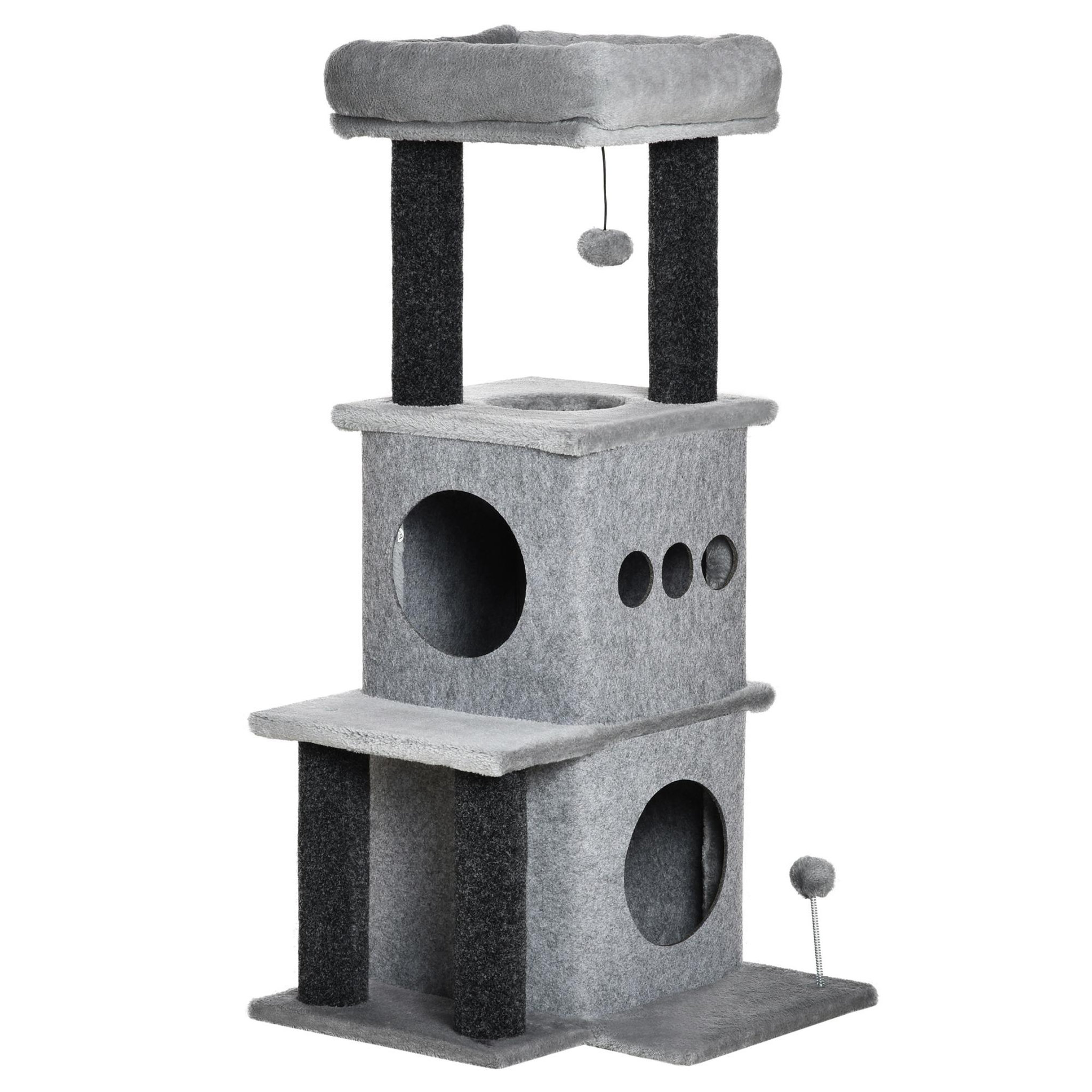 PAWHUT Arbre à chat centre d'activités griffoirs jeu boule suspendue et à ressort 2 niches housses amovibles plateformes gris