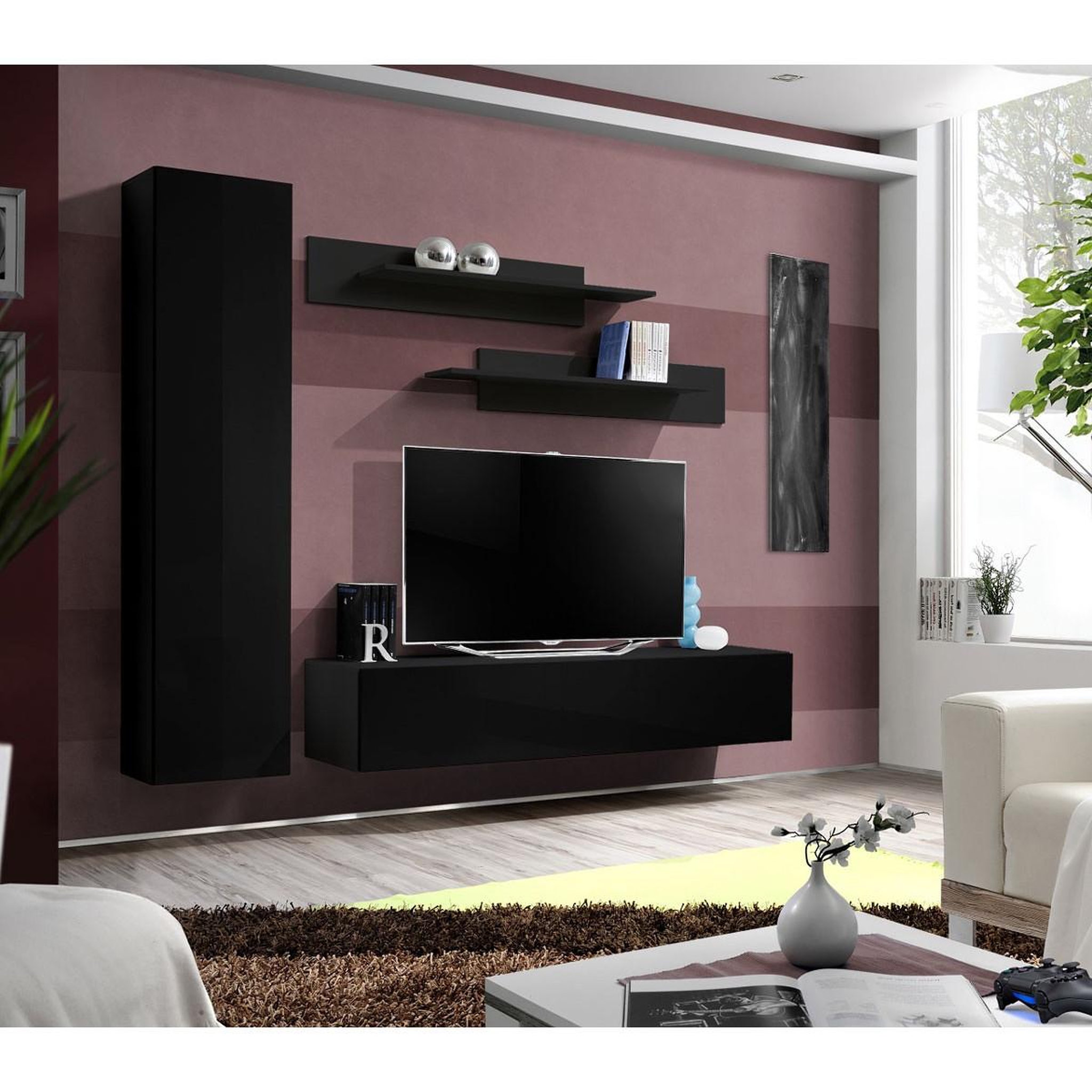 Voir la diapositive 4 : Paris Prix Ensemble meuble tv mural  fly g1  210cm noir