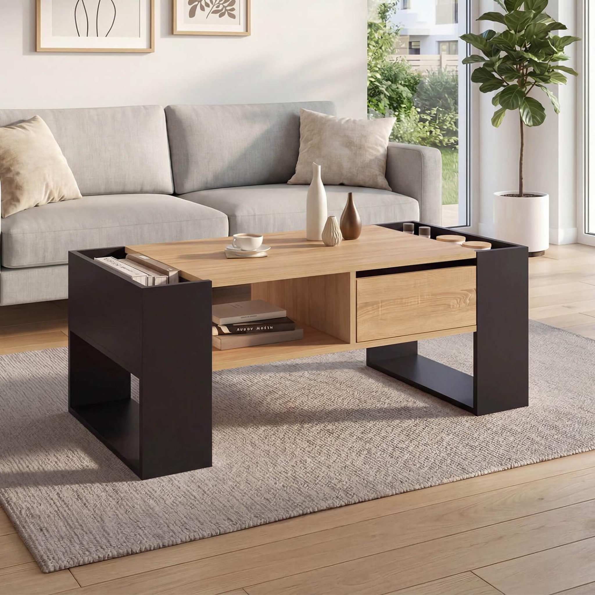 Voir la diapositive 2 : ID MARKET Table basse rectangulaire beryl avec tiroir bois noir et façon hêtre