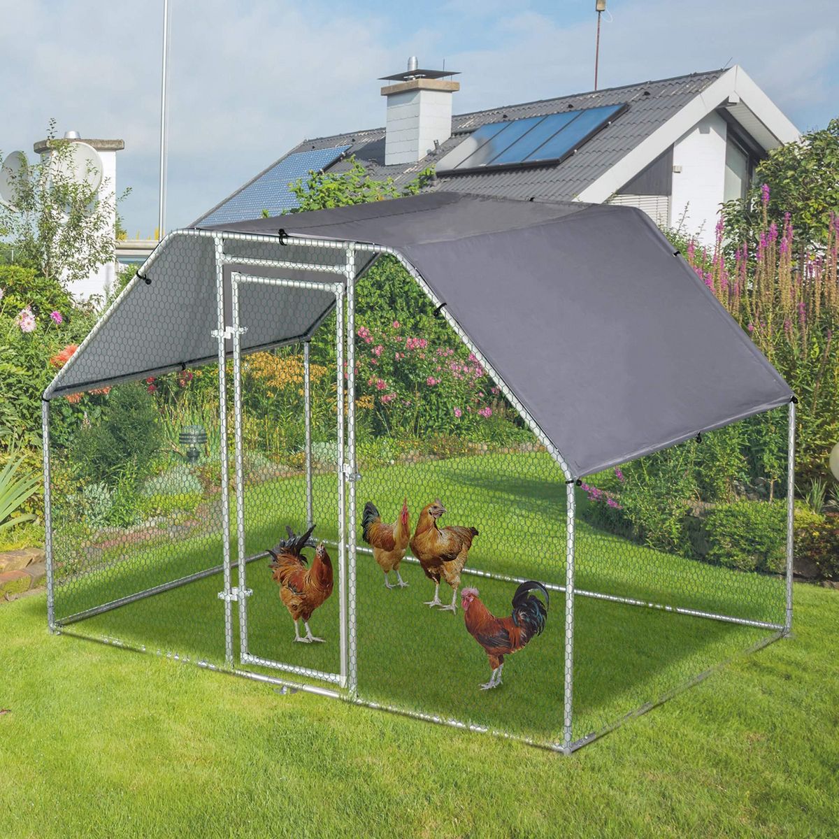 PAWHUT Enclos poulailler chenil 5,32 m² - parc grillagé dim. 2,8L x 1,9l x 1,95H m - poulailler chenil entièrement couvert - acier galvanisé