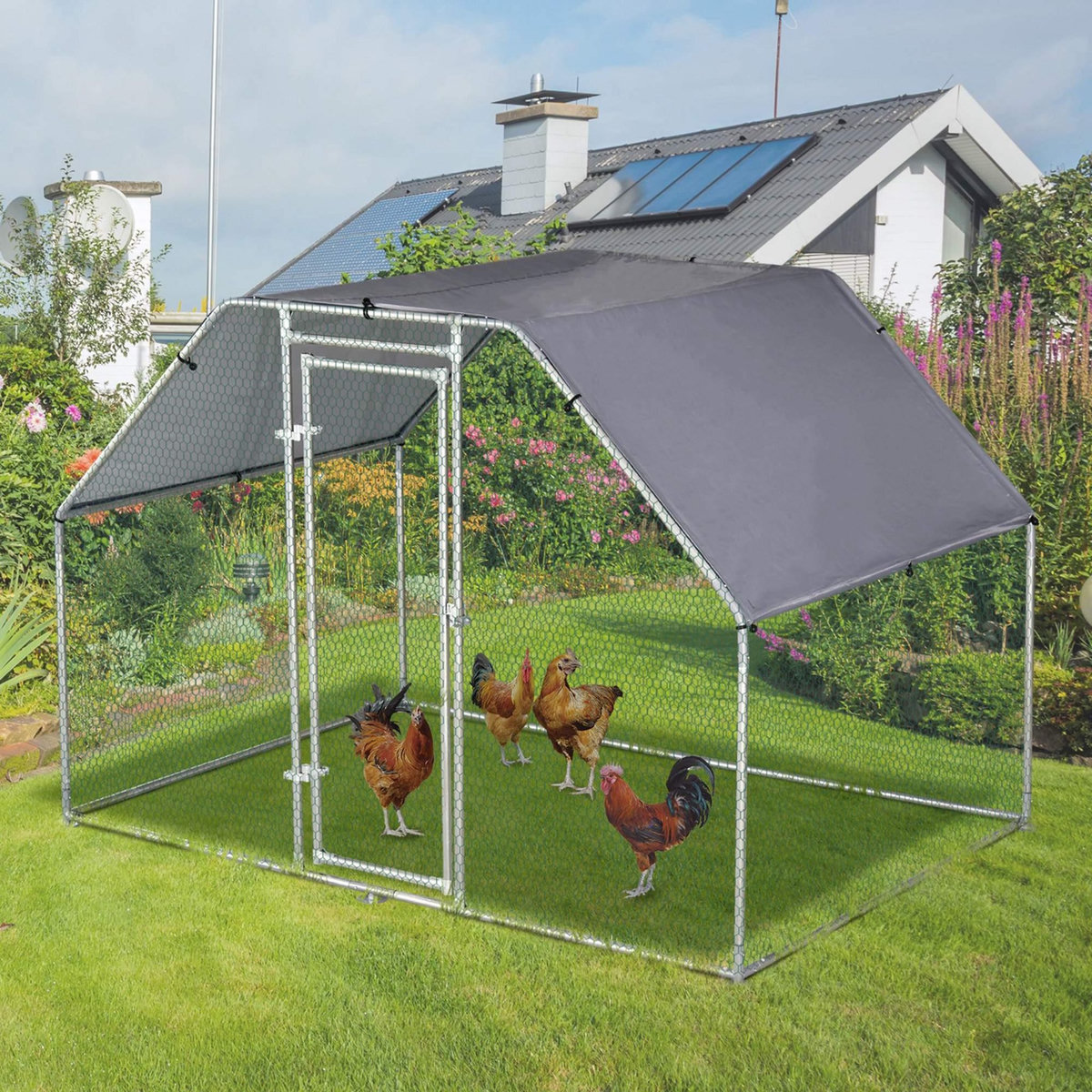 PAWHUT Enclos poulailler chenil 5,32 m² - parc grillagé dim. 2,8L x 1,9l x 1,95H m - poulailler chenil entièrement couvert - acier galvanisé