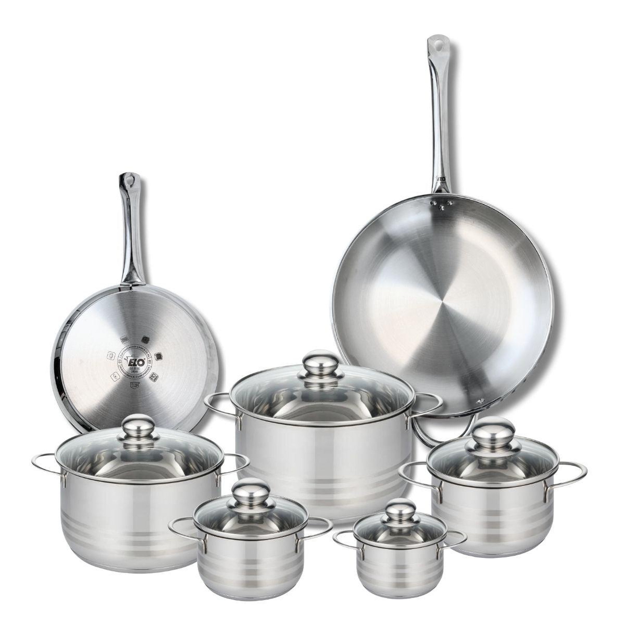 ELO Ensemble de 2 poêles de cuisson 24 et 32 cm et 5 faitouts 12, 14, 16, 20 et 24 cm elo profi brillant