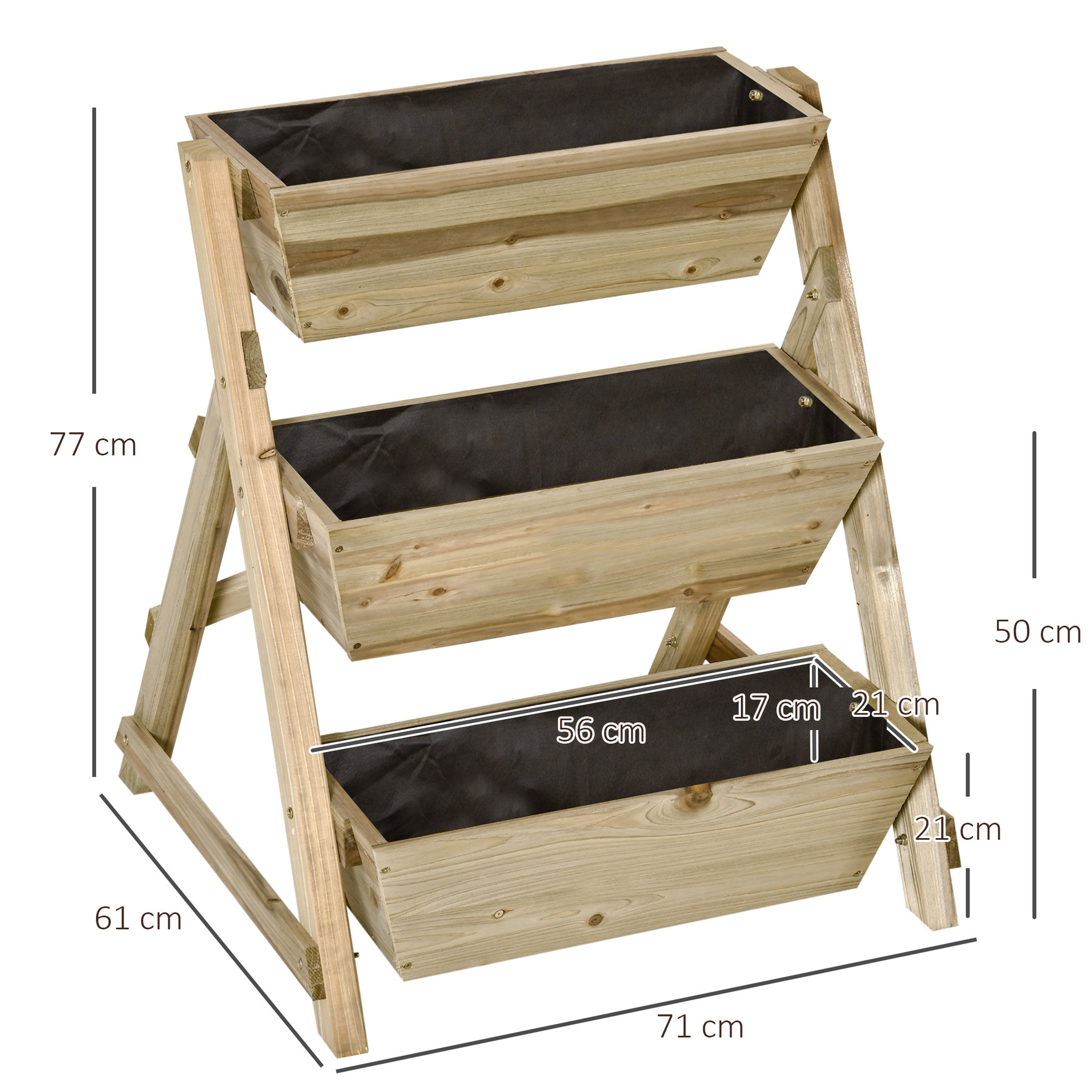 Voir la diapositive 3 : OUTSUNNY Jardinière sur pieds carré potager 3 étages dim. 71L x 61l x 77H cm inserts d'irrigation feutre de drainage bois sapin autoclave