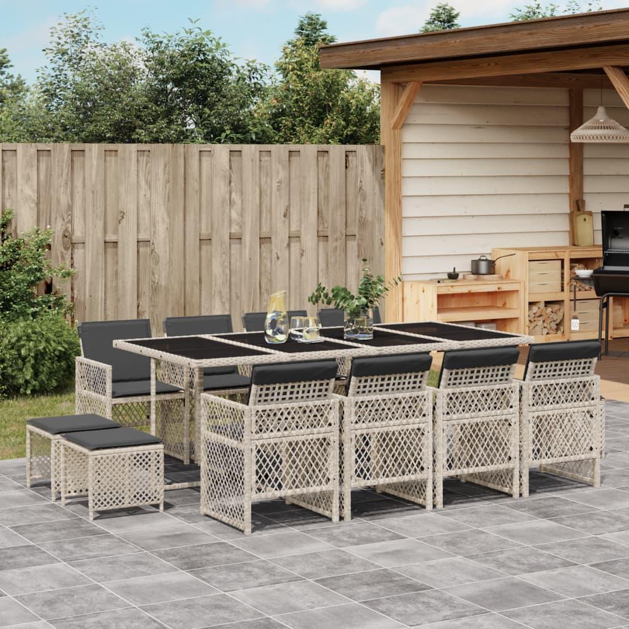 VIDAXL Ensemble a manger de jardin et coussins 13 pcs gris clair rotin