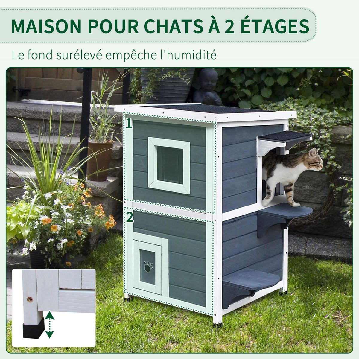 PAWHUT Maisonnette pour chat sur pied 2 niveaux - toit ouvrant bitumé - bois sapin pré-huilé peint gris blanc