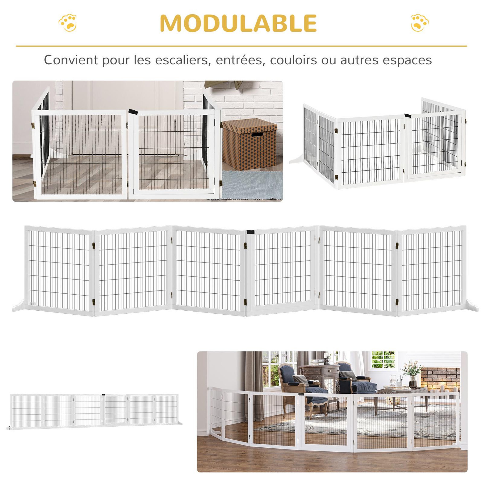 Voir la diapositive 5 : PAWHUT Barrière de sécurité parc enclos chien modulable pliable porte verrouillable intégrée 5 panneaux grillage acier noir bois de pin blanc