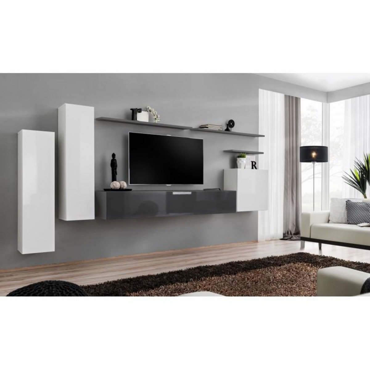 Paris Prix Meuble TV Mural Design  Switch I  330cm Blanc & Gris
