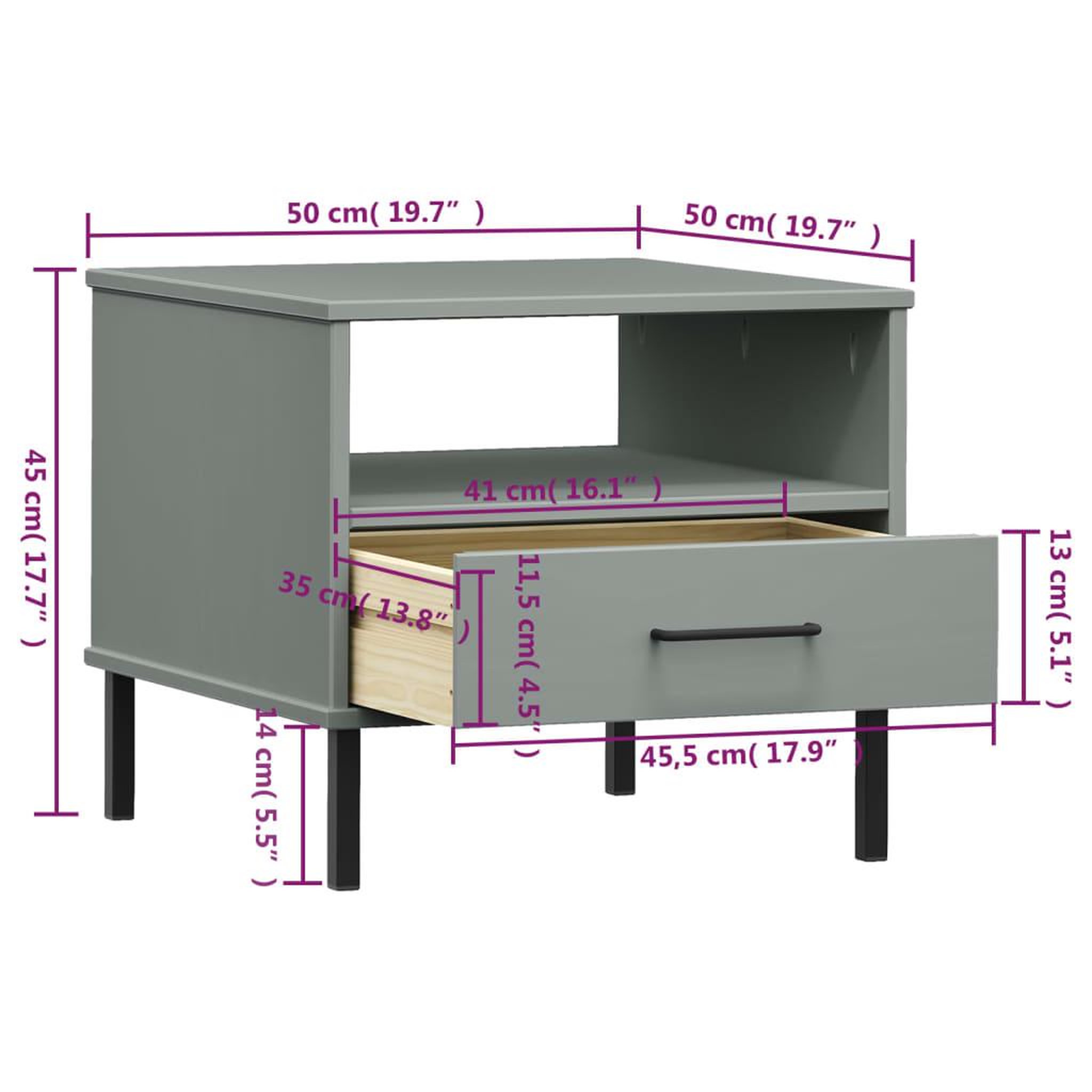 Voir la diapositive 6 : VIDAXL Table de chevet avec pieds en metal Gris Bois pin massif OSLO