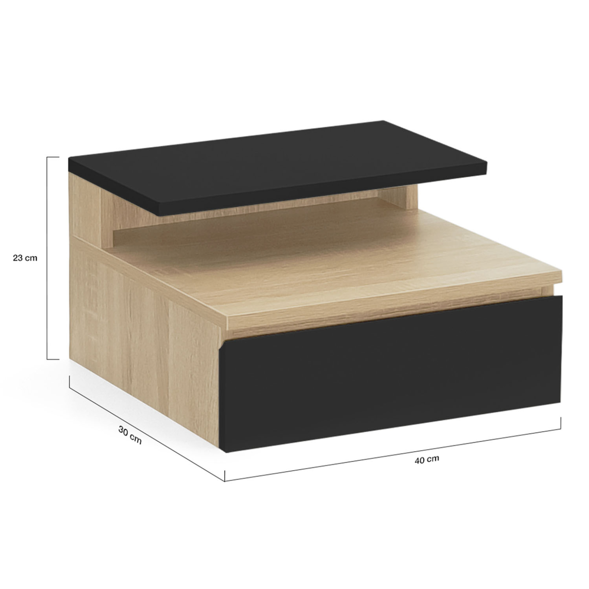 ID MARKET Lot de 2 tables de chevet murales TOMI 1 tiroir + 1 tablette étagère suspendue + 1 tablette façon hêtre et noir