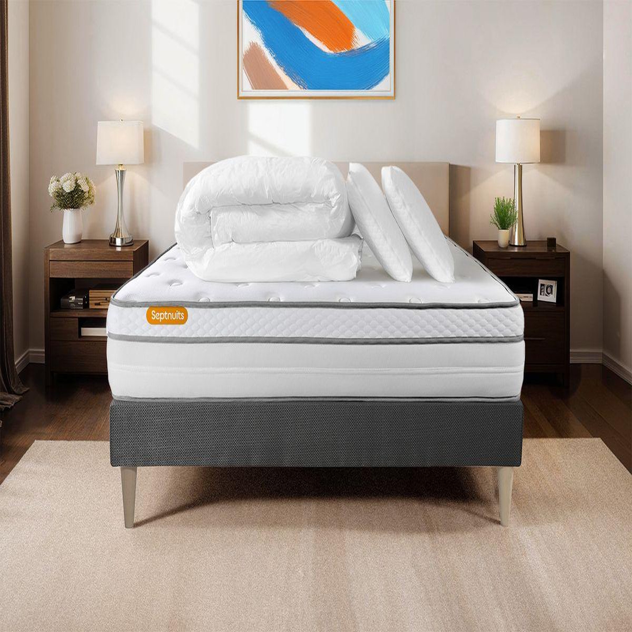 Voir la diapositive 1 : SEPTNUITS Pack matelas + sommier gris Memo Luxe Ressorts ensachés + mémoire de forme 5 zones de confort MAXI épaisseur