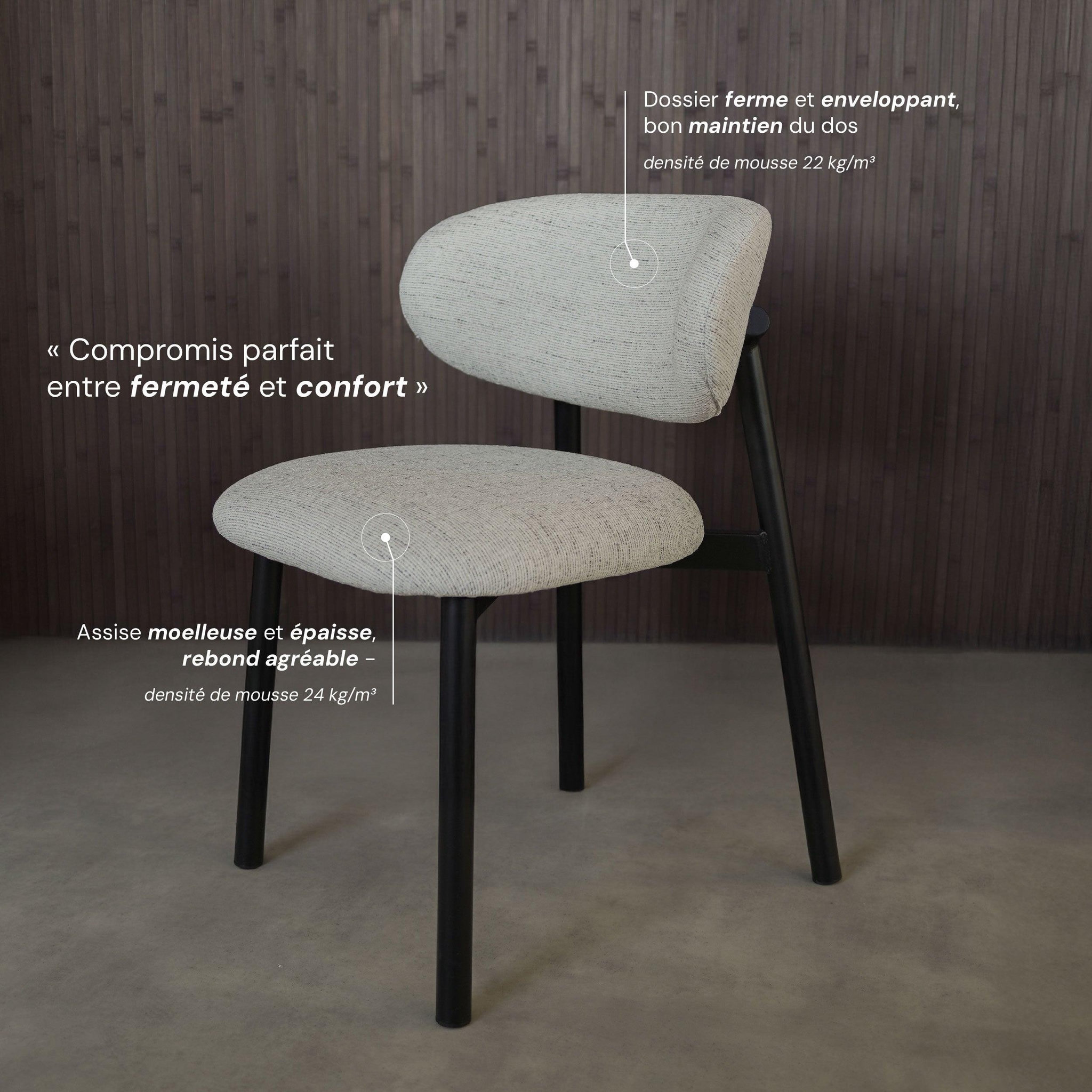 Voir la diapositive 6 : MAISON PAVANE Lot de 2 chaises en tissu gris clair chiné et pieds en métal noir-nao