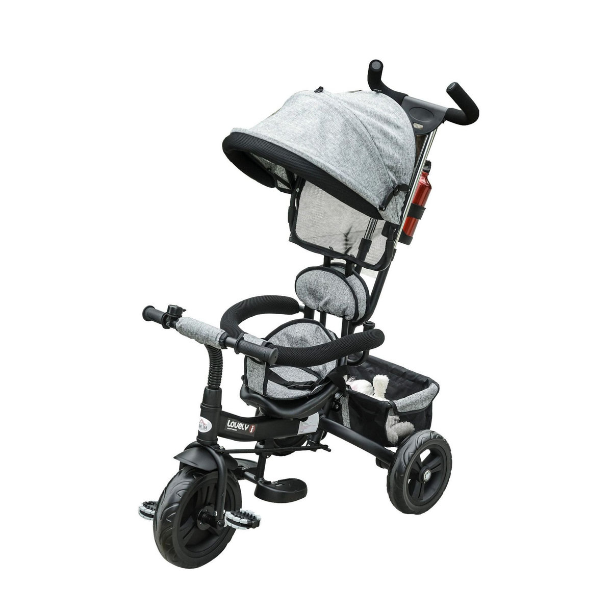 HOMCOM Tricycle enfant évolutif pare-soleil pliable canne  télescopique amovible 92 x 51 x 110 cm acier gris noir
