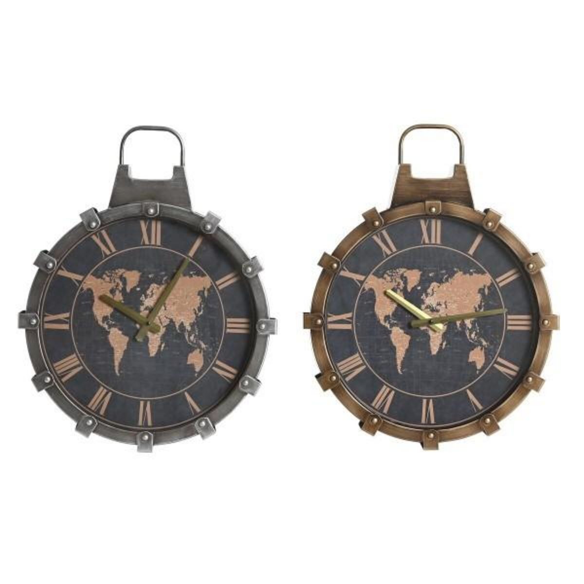 AAAAA Horloge Murale DKD Home Decor Doré Argenté Verre Fer Mappemonde 42 x 8,5 x 54 cm (2 Unités)