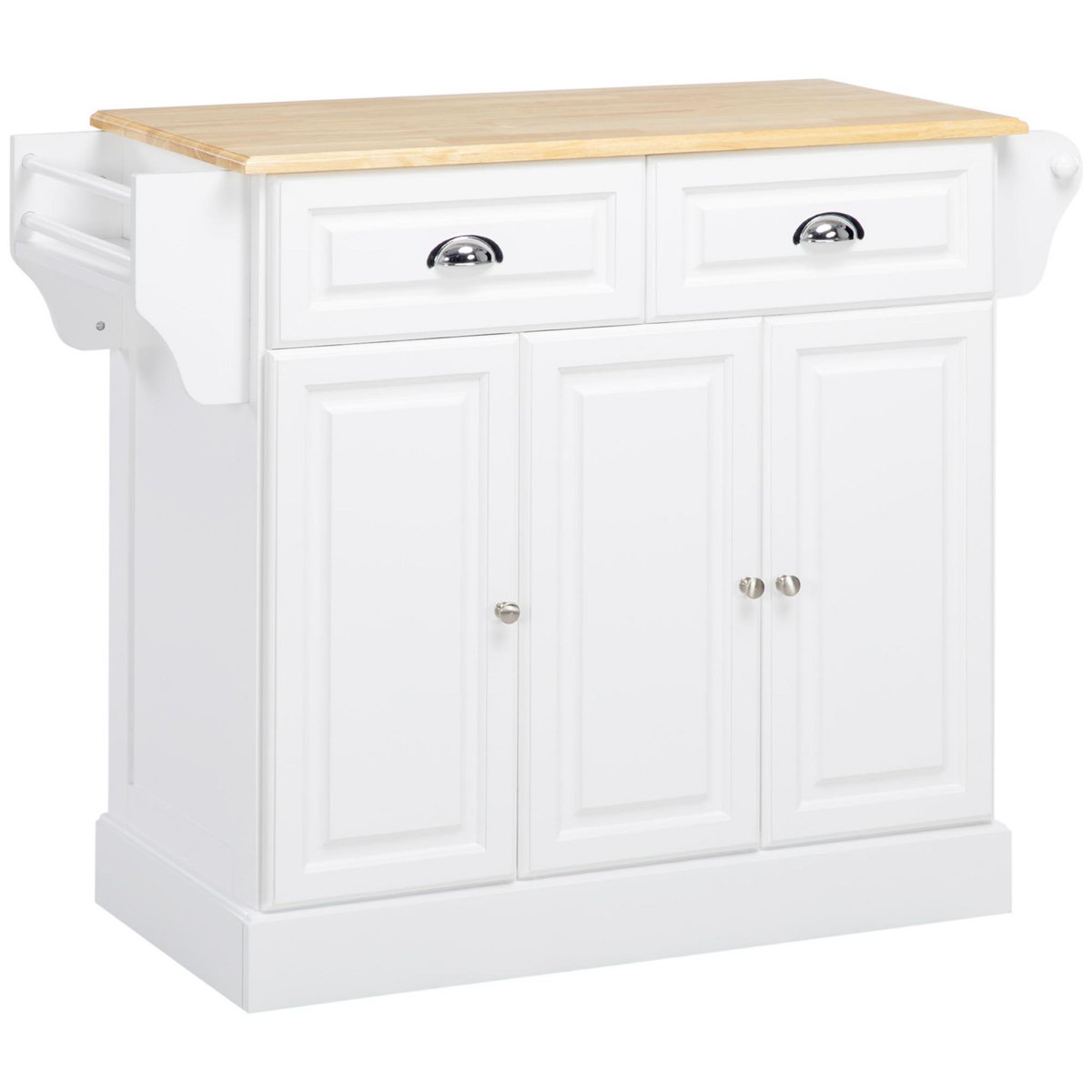HOMCOM Îlot de cuisine desserte à roulettes - 2 tiroirs, 3 portes, porte-serviette, porte-épices - dim. 110L x 45l x 91H cm - blanc bois
