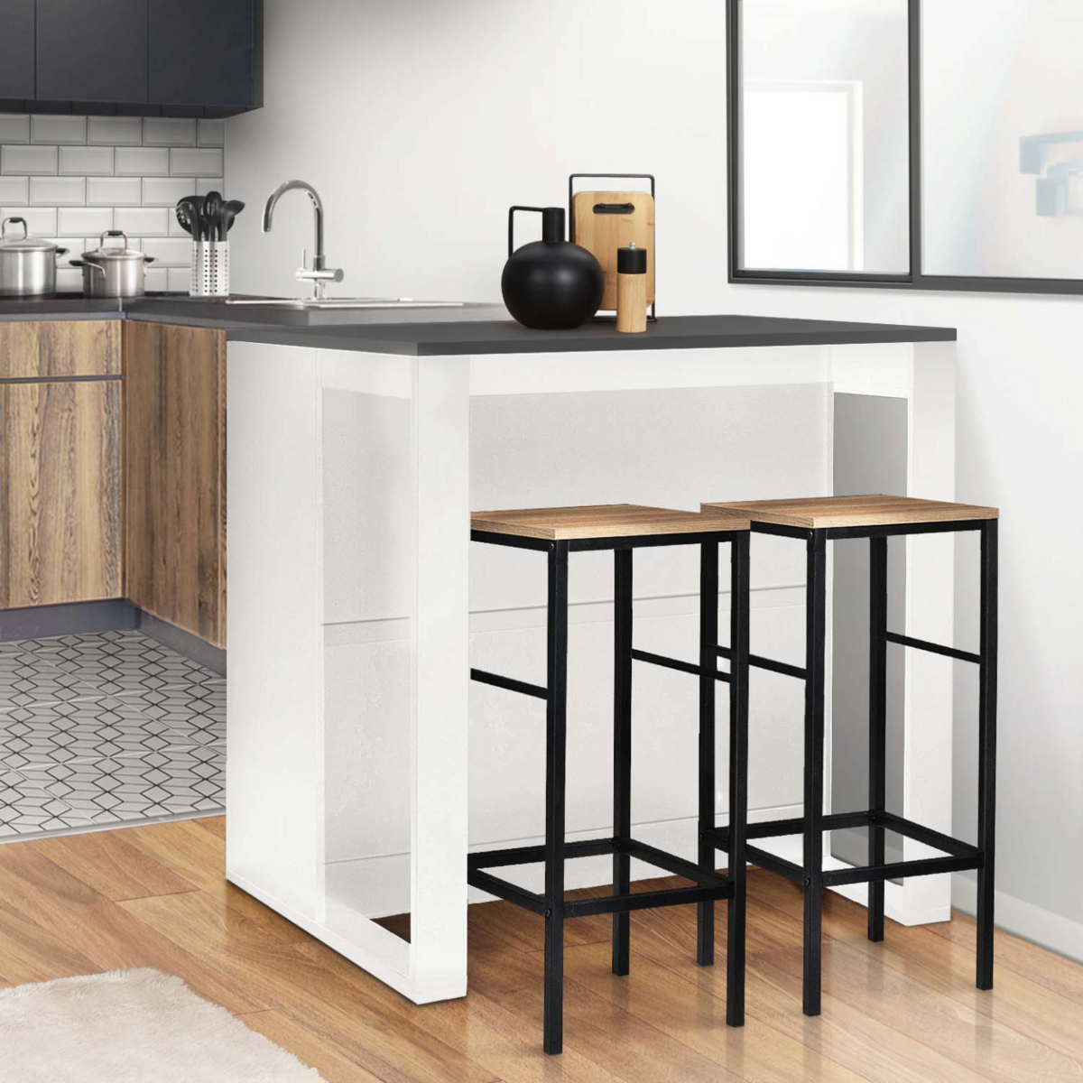 ID MARKET Table de bar îlot JUNO bois blanc et plateau gris