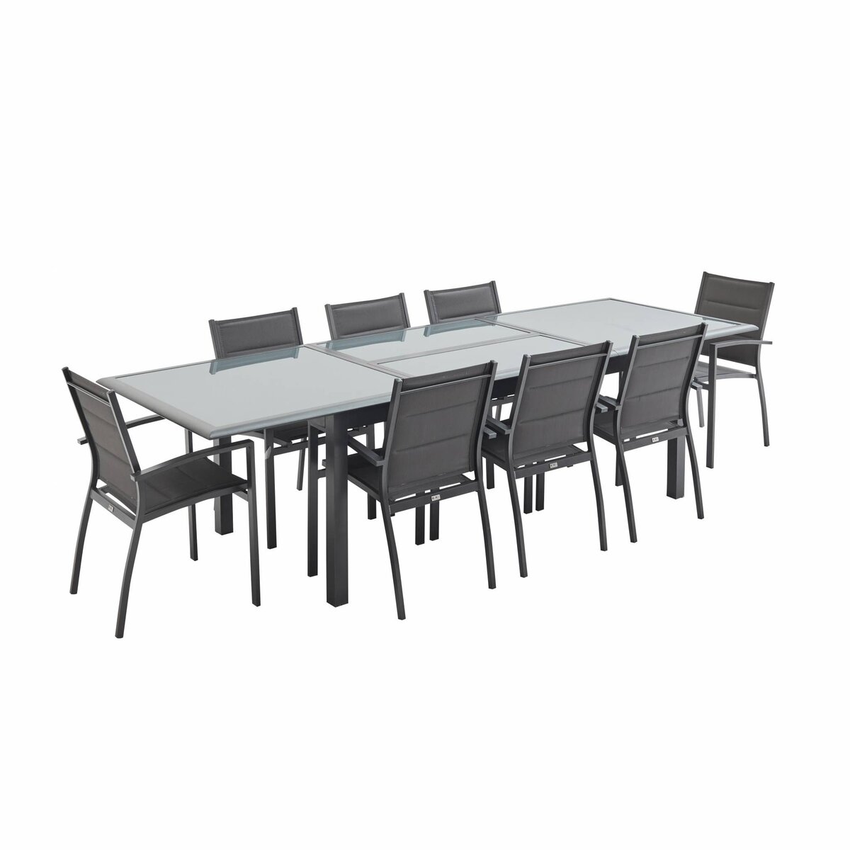 Table de jardin extensible aluminium noir 200/300cm + 10 fauteuils