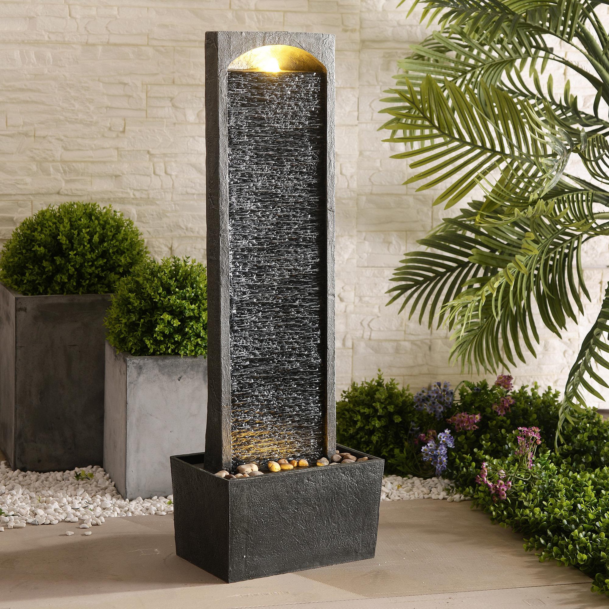 Voir la diapositive 2 : TEAMSON HOME Fontaine cascade LED extérieure 98 cm, façade texturée et galets