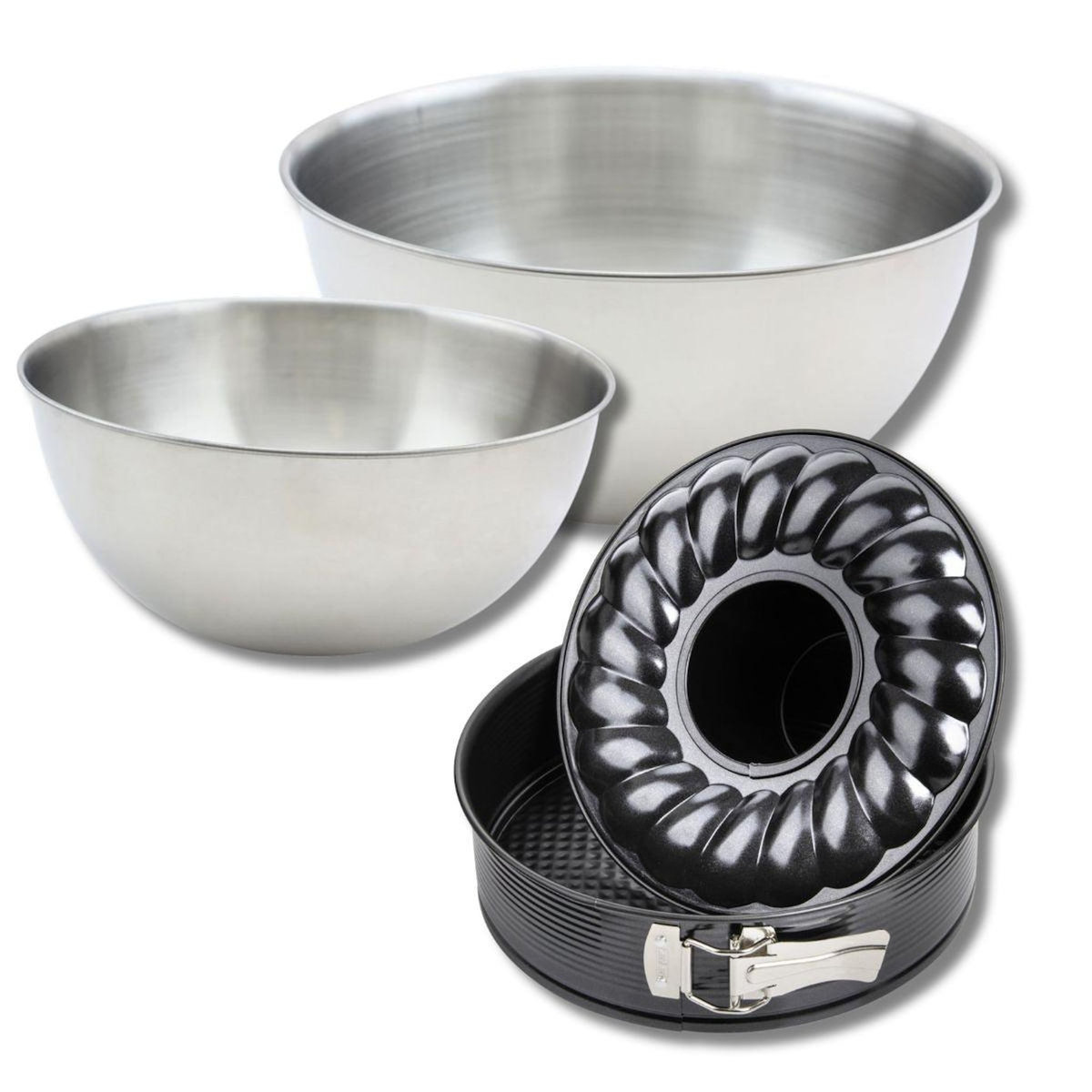 ZENKER Lot comprenant 1 Moule à manqué et à savarin 26 cm, 1 spatule Zenker et 2 bols à mixer en inox Fackelmann