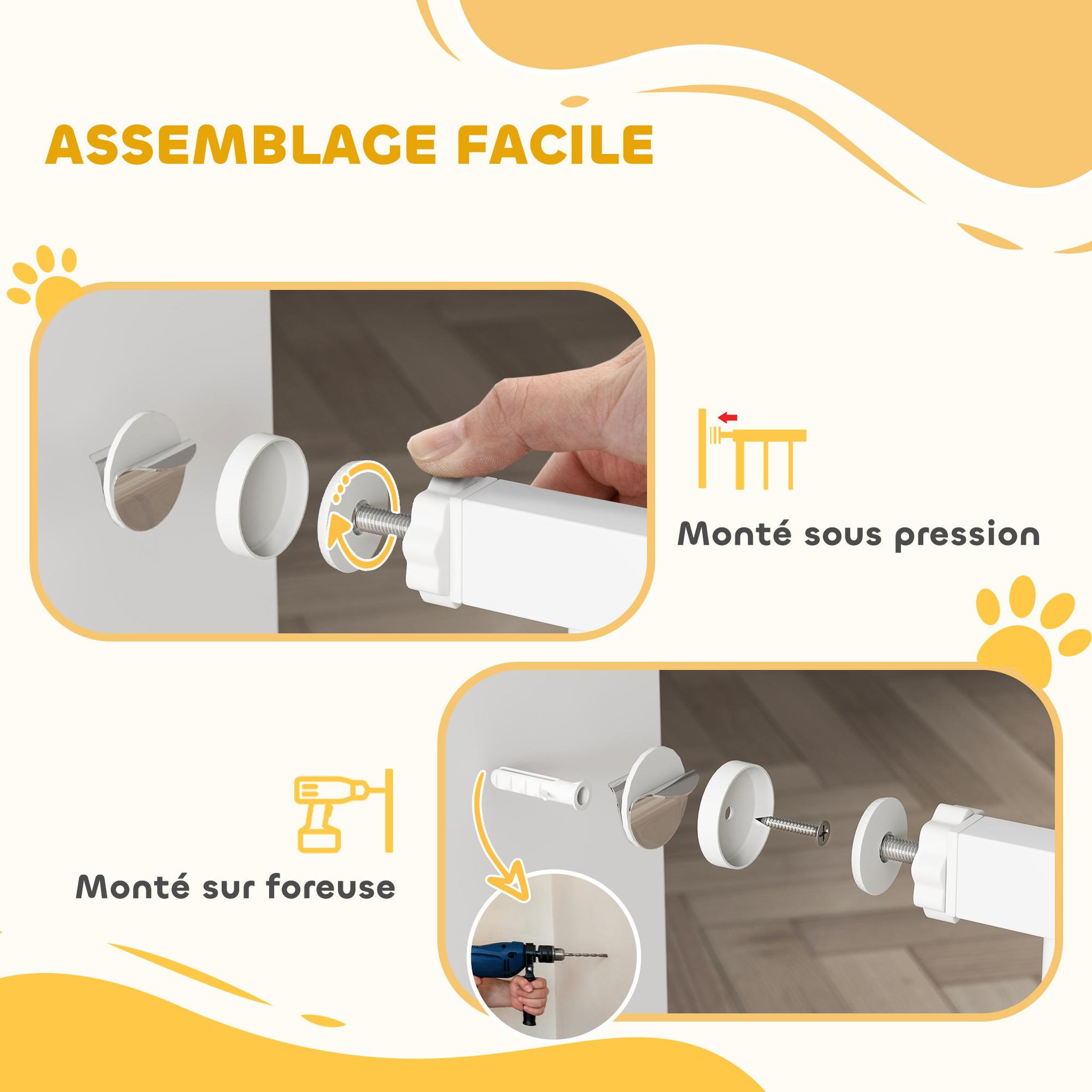 Voir la diapositive 5 : PAWHUT Barrière de sécurité pour chien - barrière à pression ajustable - 2 portes verrouillables - acier blanc