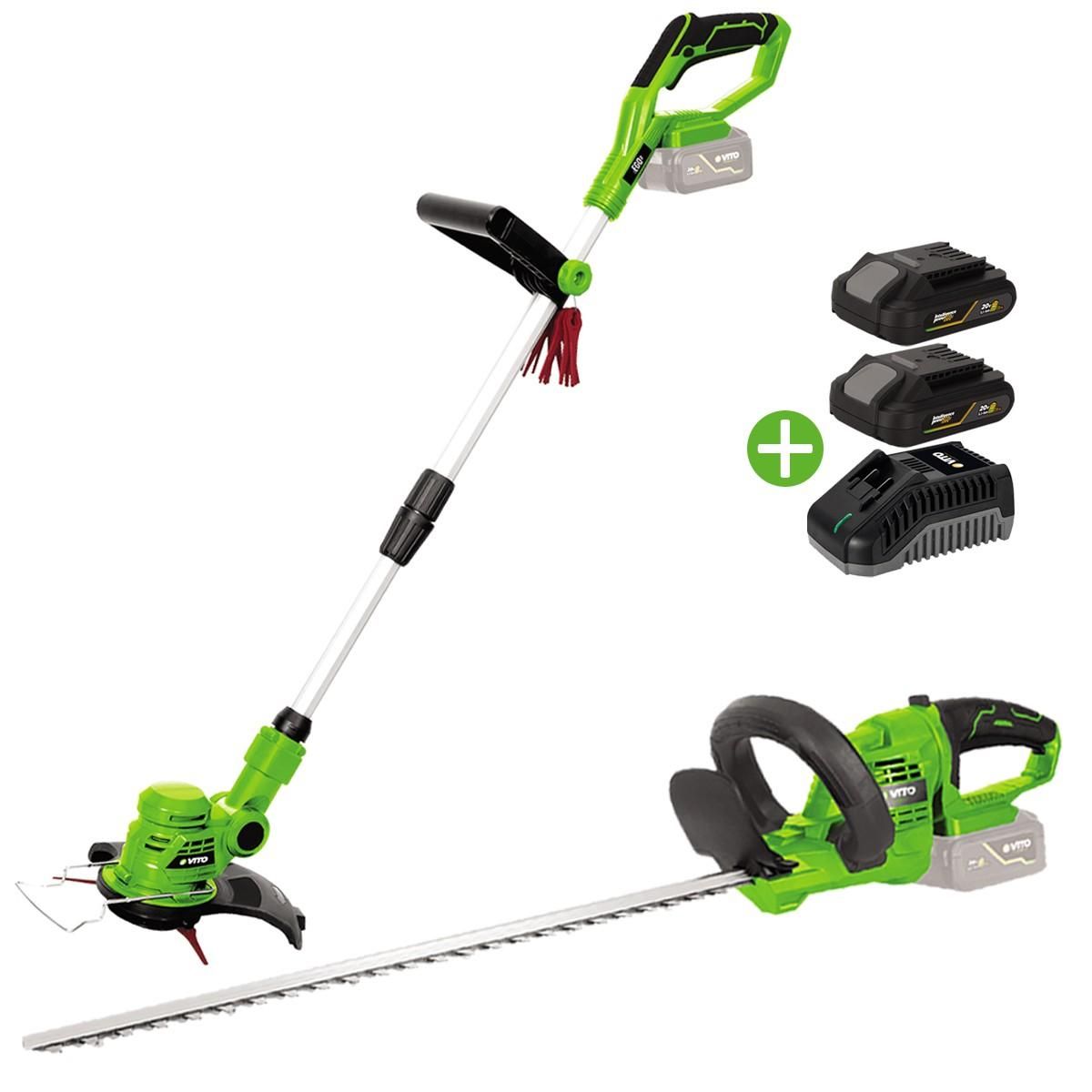 VITO Garden Pack 2 outils 20V Coupe Bordure + Taille Haies + 2 Batteries Lithium 2.0Ah + Jeu de 20 lames + Chargeur VITO