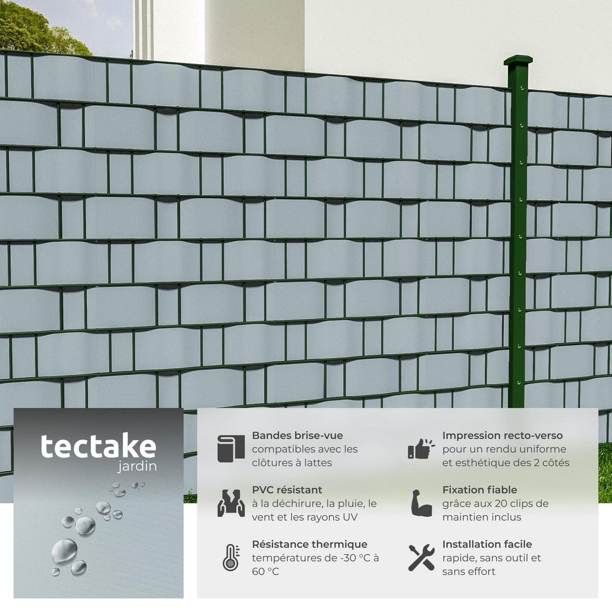 tectake Bandes brise-vue PVC pour clôtures à barreaux simples et doubles gris
