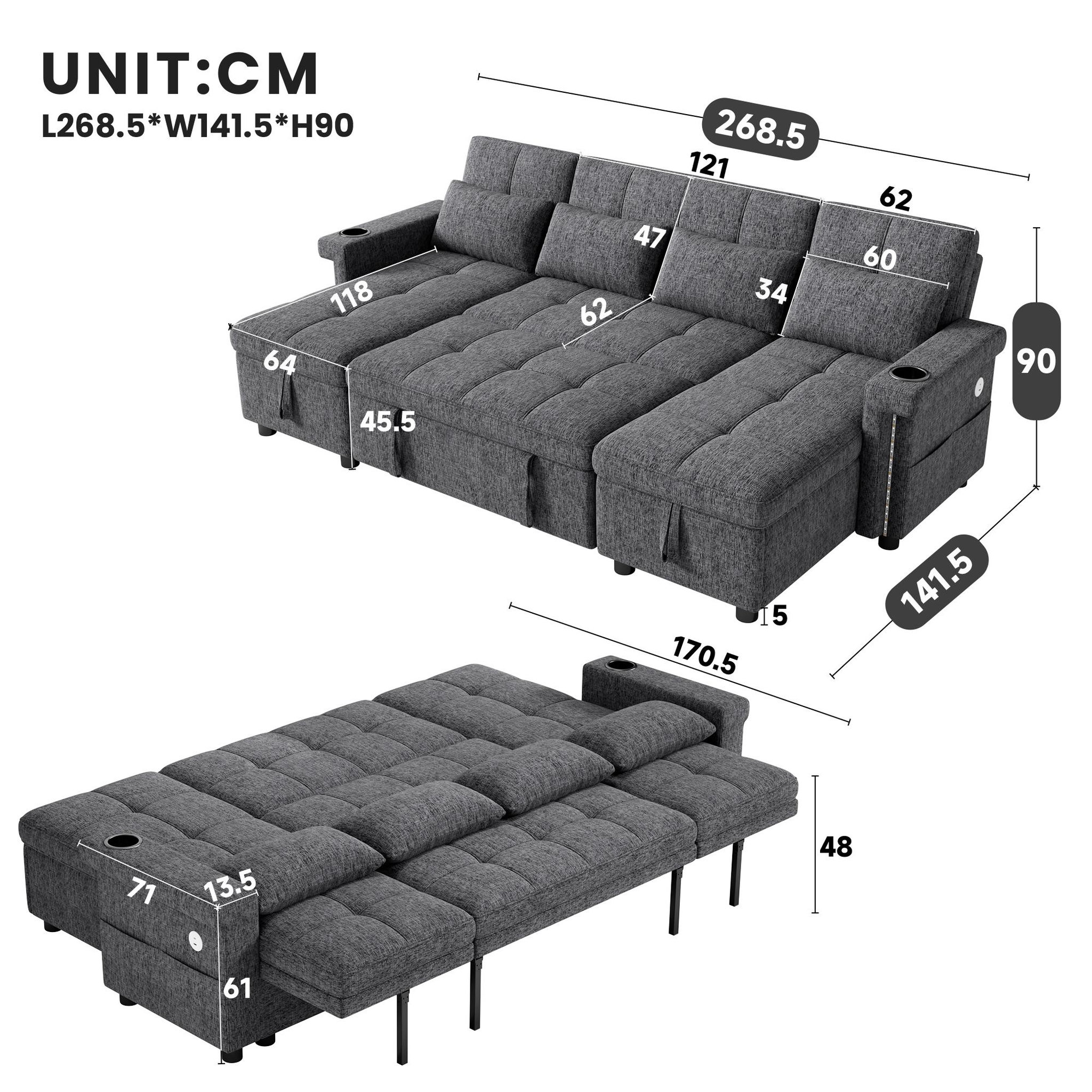 Voir la diapositive 3 : MERAX Canapé d'angle u convertible 4 places avec dossier réglable led usb type-c tissu chenille