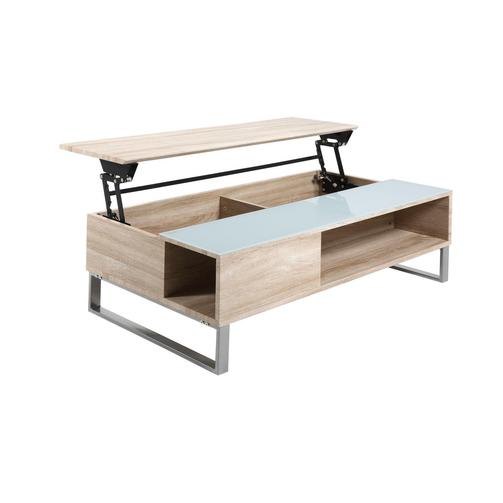 Voir la diapositive 4 : TOILINUX Table basse azéla en verre et mdf avec plateaux relevable