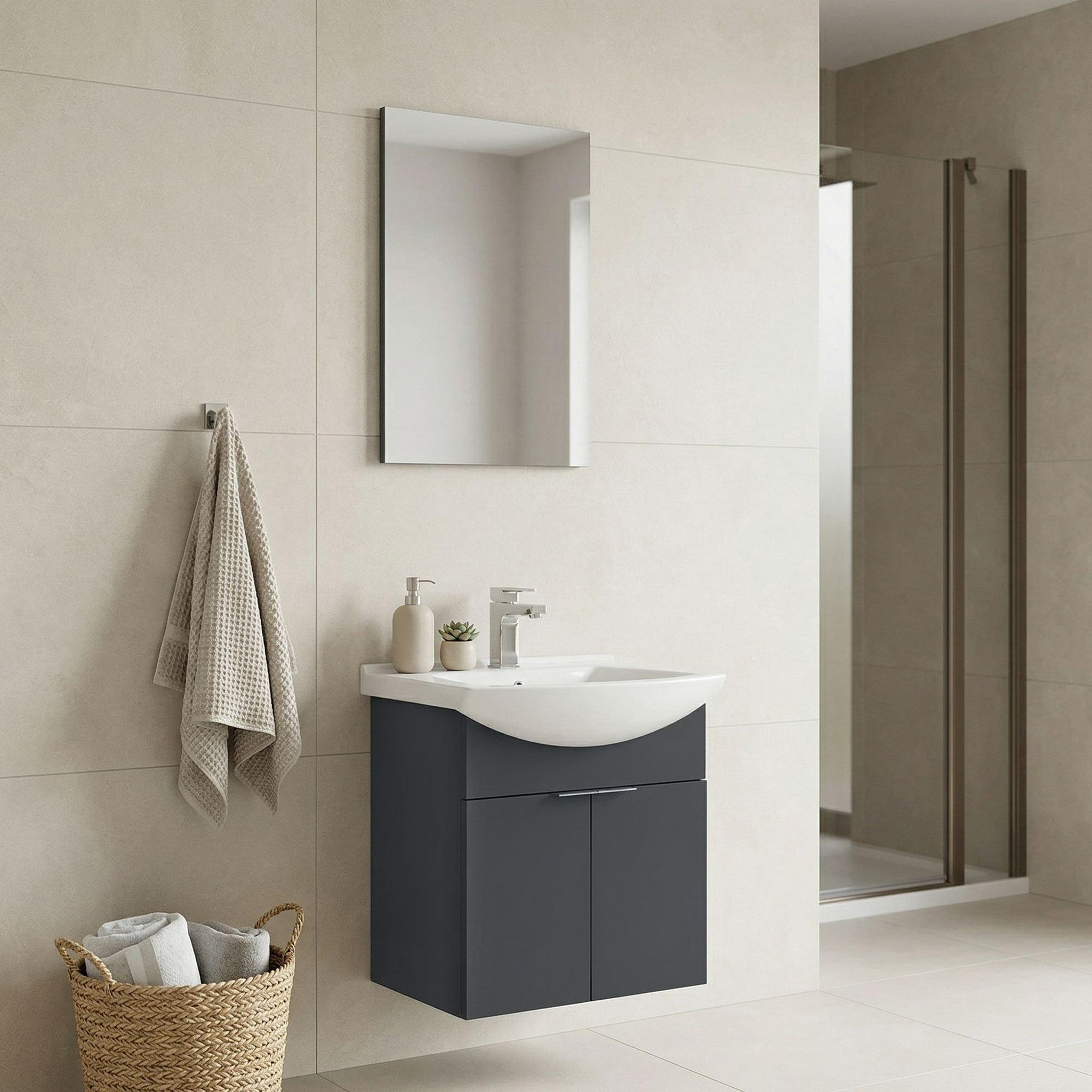 Voir la diapositive 2 : Habitat et Jardin Meuble avec simple vasque et miroir  Purus 55  - 55 x 50 x 58 cm - Matte Anthracite