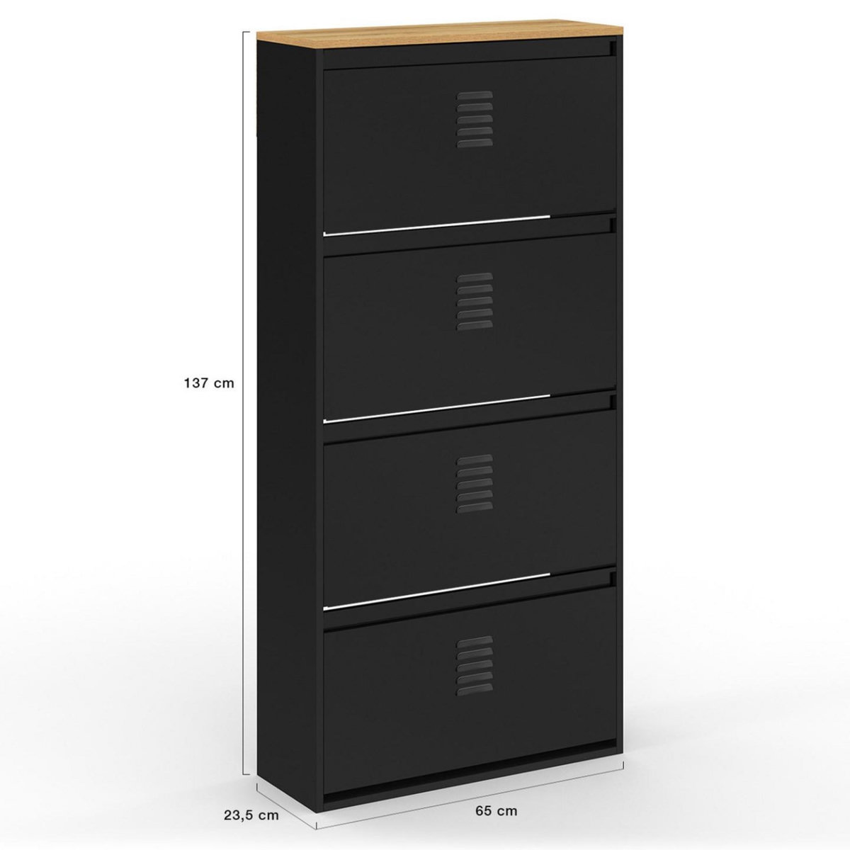ID MARKET Meuble à chaussures 24 paires maxi capacité ESTER 4 portes métal noir et plateau façon hêtre design industriel