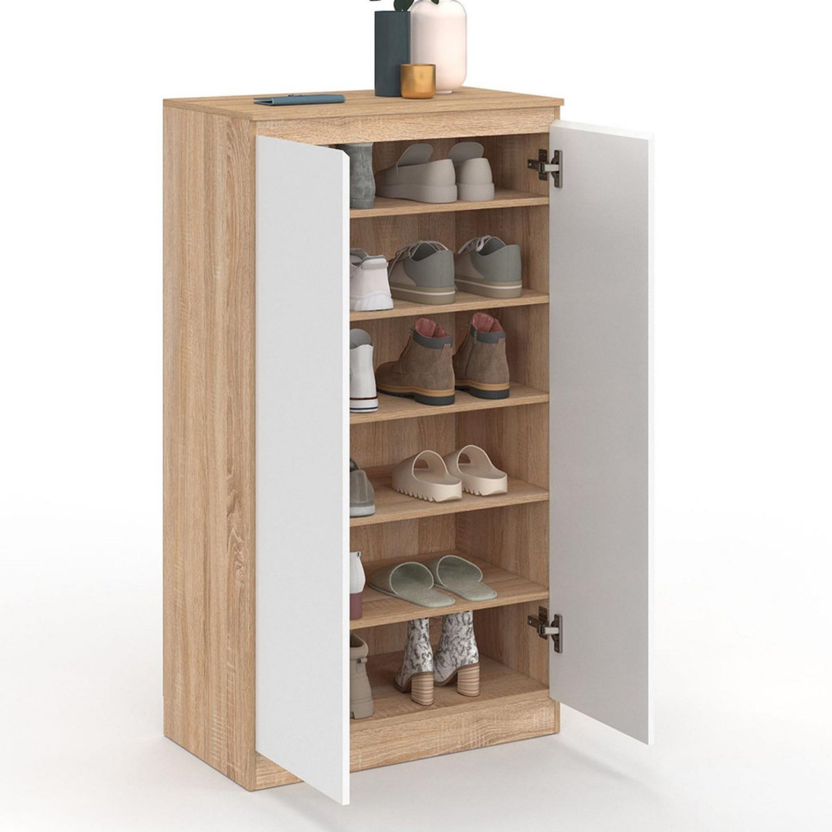 ID MARKET Armoire à chaussures 18 paires TOMI 2 portes façon hêtre et blanc