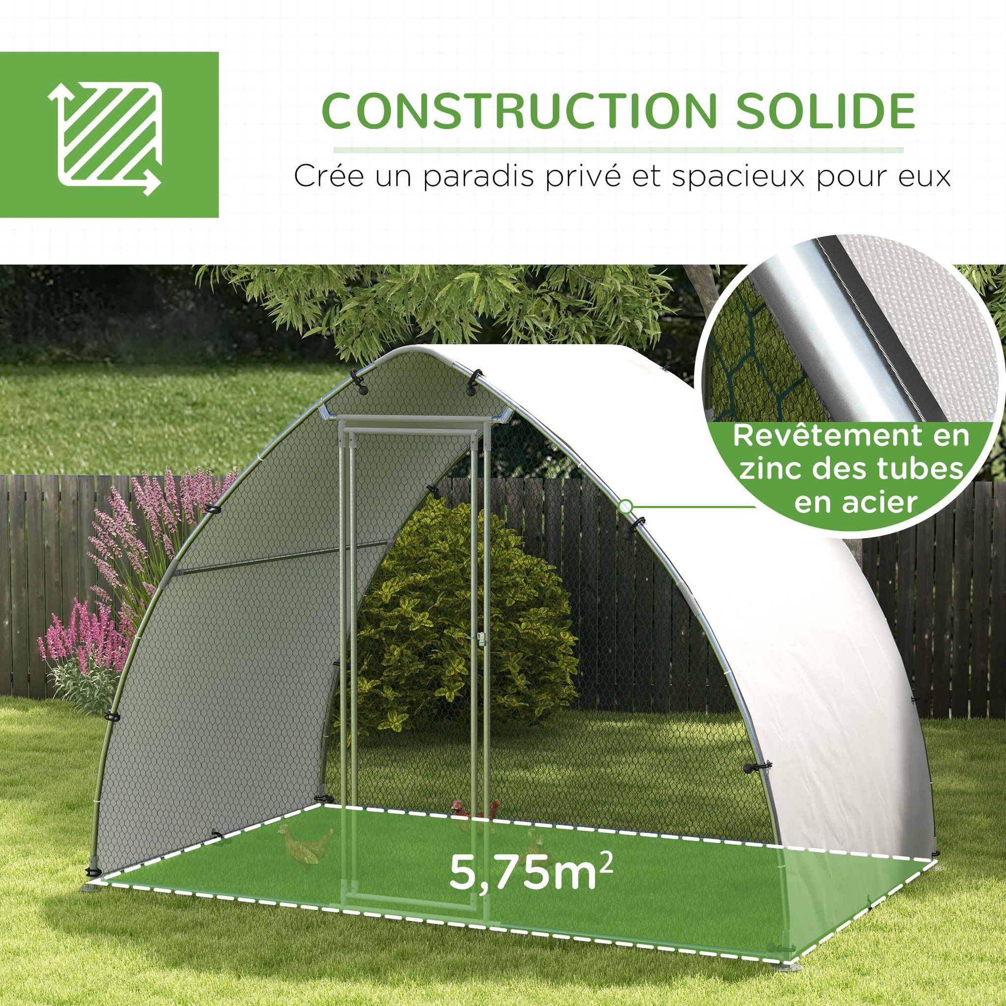 Voir la diapositive 6 : PAWHUT Enclos poulailler chenil 5,75 m² - toit anti-UV, porte verouillable - dim. 3,04L x 1,9l x 2,2H m - acier galvanisé