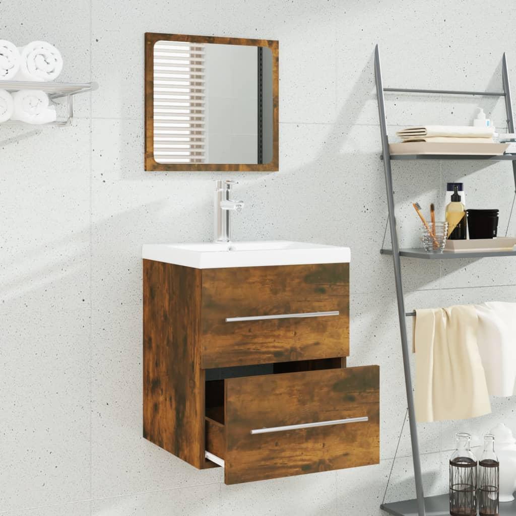 Voir la diapositive 3 : VIDAXL Meuble lavabo avec bassin integre Chene fume Bois d'ingenierie