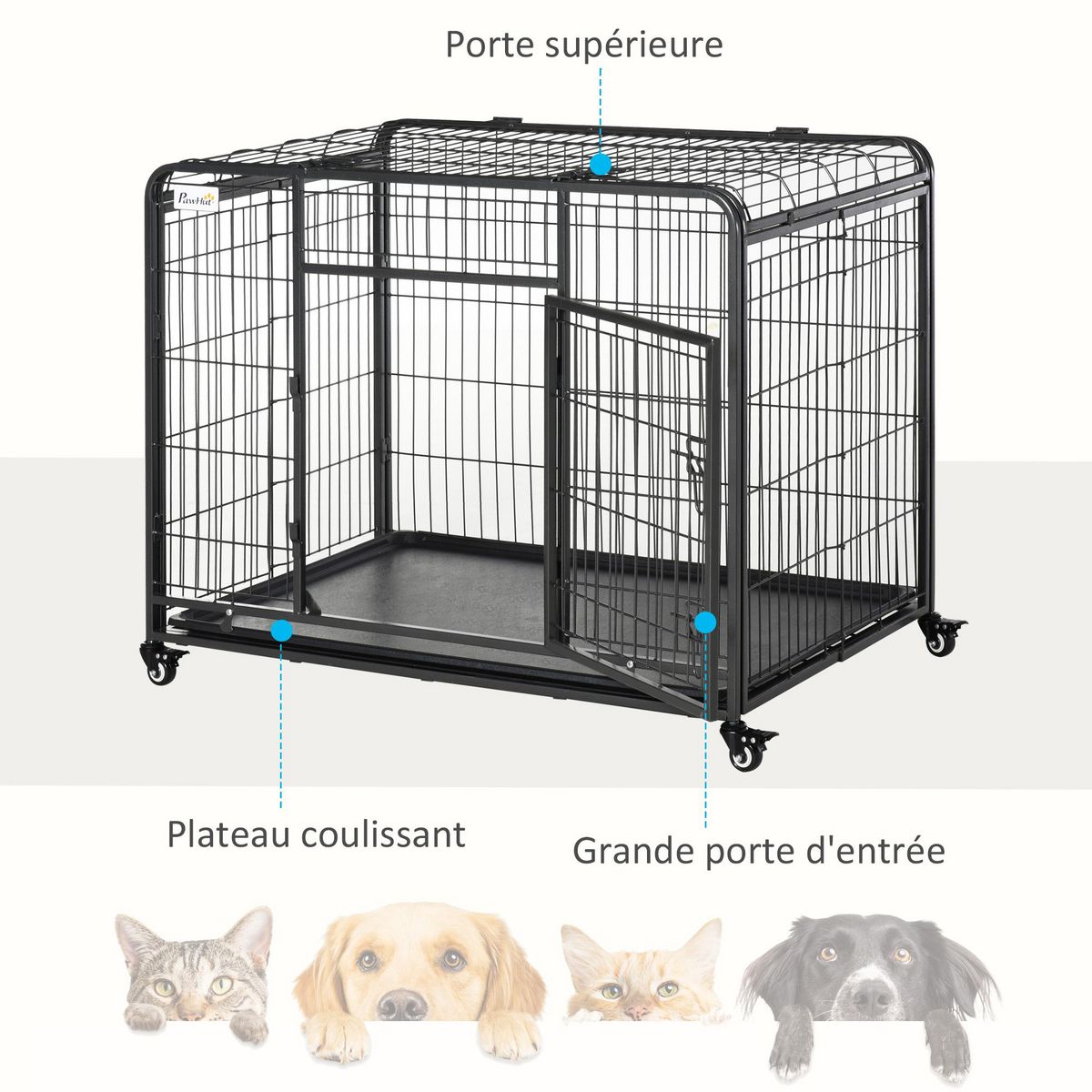 PAWHUT Cage pour chien pliable cage de transport sur roulettes 2 portes verrouillables plateau amovible dim. 109,5L x 71l x 78H cm métal gris noir