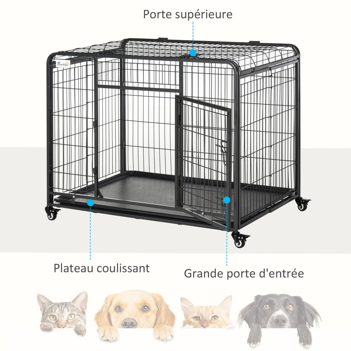 PAWHUT Cage pour chien pliable cage de transport sur roulettes 2 portes verrouillables plateau amovible dim. 109,5L x 71l x 78H cm métal gris noir