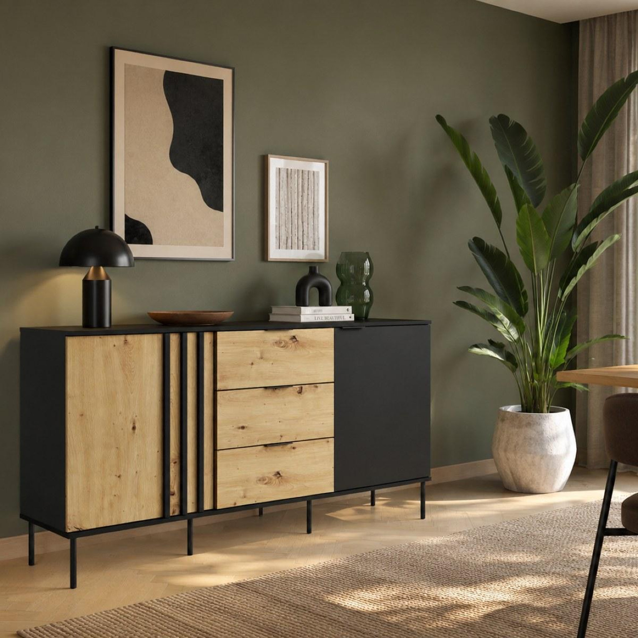 Voir la diapositive 2 : JLC KREATION Buffet bas moderne noir et bois 165cm irina