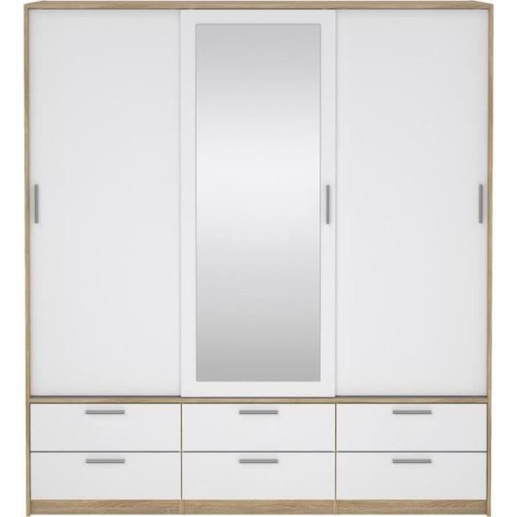Voir la diapositive 4 : MARKET24 Armoire - Décor Blanc et chene + miroir - 3 portes coulissantes - 6 tiroirs - L181,4 x P60,25 x H200 cm - ONTARIO