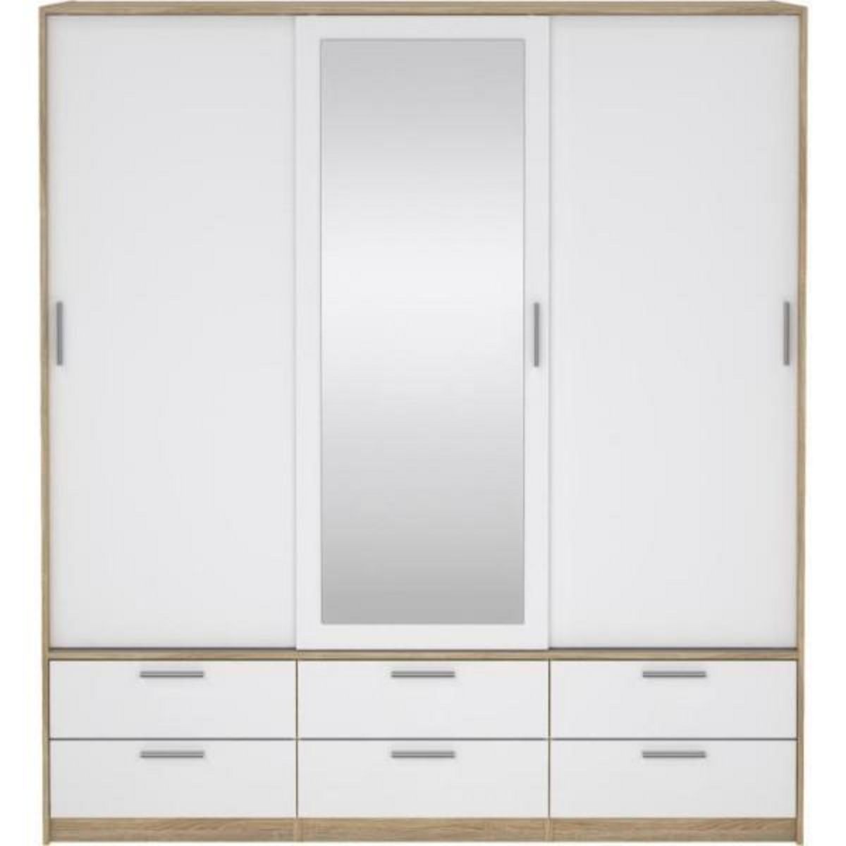 MARKET24 Armoire - Décor Blanc et chene + miroir - 3 portes coulissantes - 6 tiroirs - L181,4 x P60,25 x H200 cm - ONTARIO