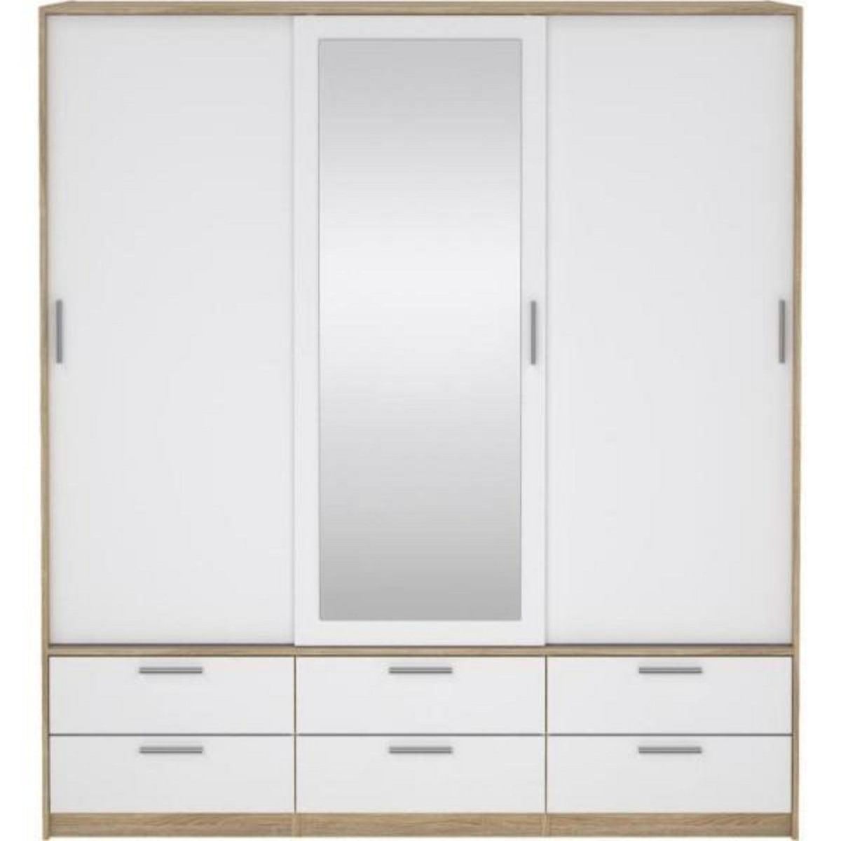 MARKET24 Armoire - Décor Blanc et chene + miroir - 3 portes coulissantes - 6 tiroirs - L181,4 x P60,25 x H200 cm - ONTARIO