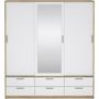 Voir la diapositive 4 : MARKET24 Armoire - Décor Blanc et chene + miroir - 3 portes coulissantes - 6 tiroirs - L181,4 x P60,25 x H200 cm - ONTARIO