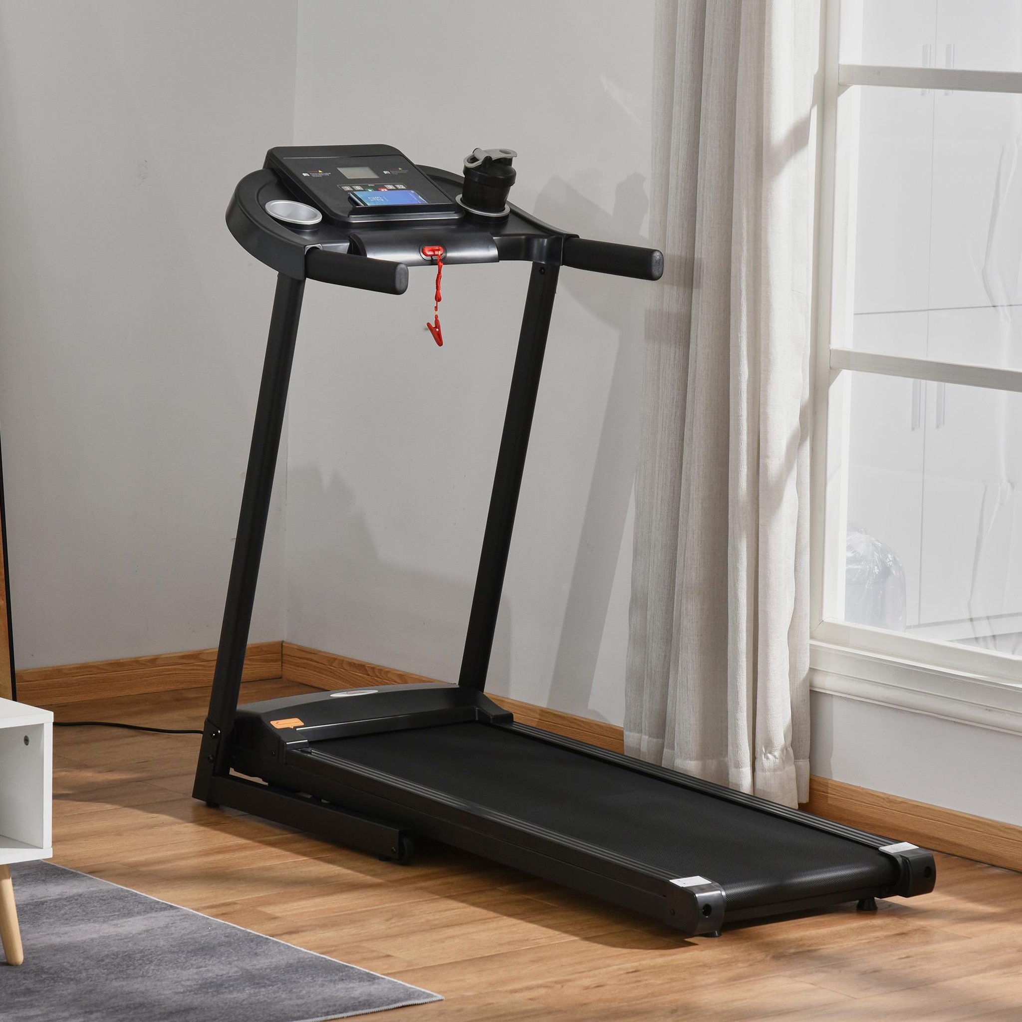 Voir la diapositive 2 : HOMCOM Tapis de course électrique pliable 500 W - V. max. 12 Km/h - écran LED multifonction - 12 programmes - 2 porte-gobelets - support smartphone - acier ABS noir