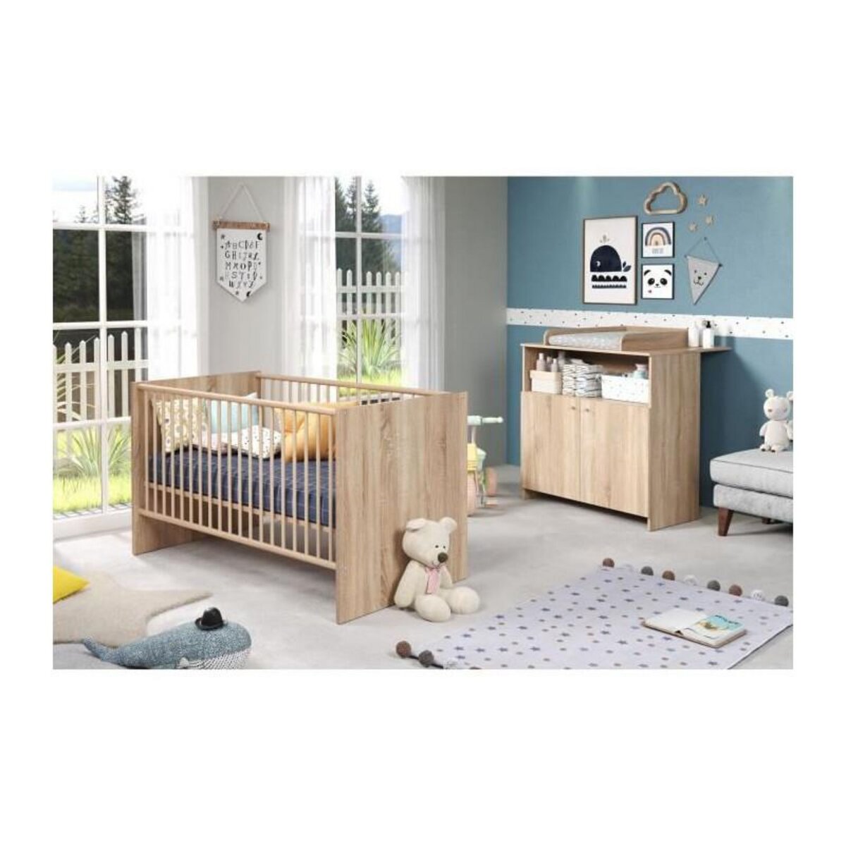 TREND TEAM Chambre bébé duo NIKO - Lit 70x140 cm + Commode a langer 2 portes - Décor chene naturel - TRENDTEAM