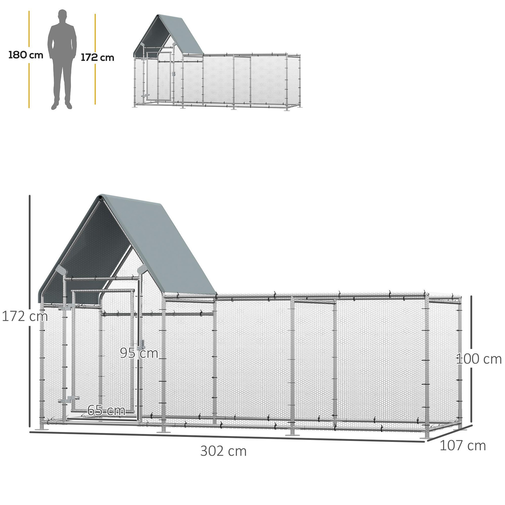Voir la diapositive 3 : PAWHUT Enclos poulailler chenil 3,23 m² - parc grillagé dim 3,02L x 1,07l x 1,72H m - espace couvert - acier galvanisé