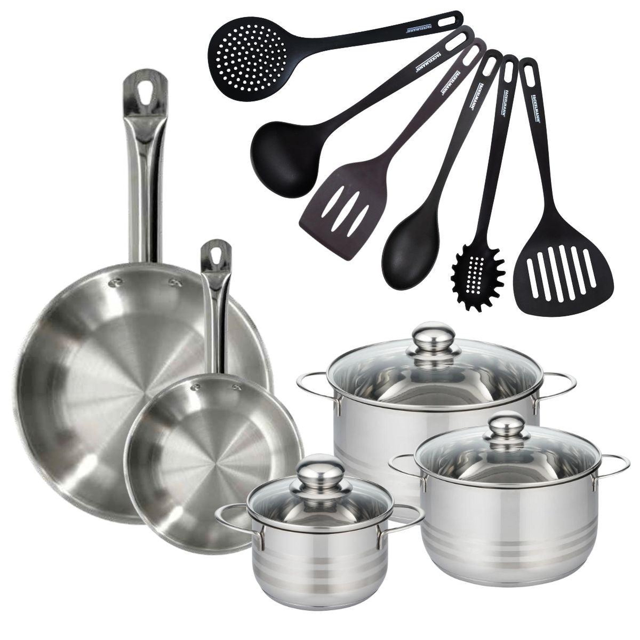 Fackelmann Batterie de cuisine avec 2 poêles 20/28 cm et 3 faitouts 20/24 cm avec 6 ustensiles de cuisine sans pfas fackelmann etherna brillant fenix