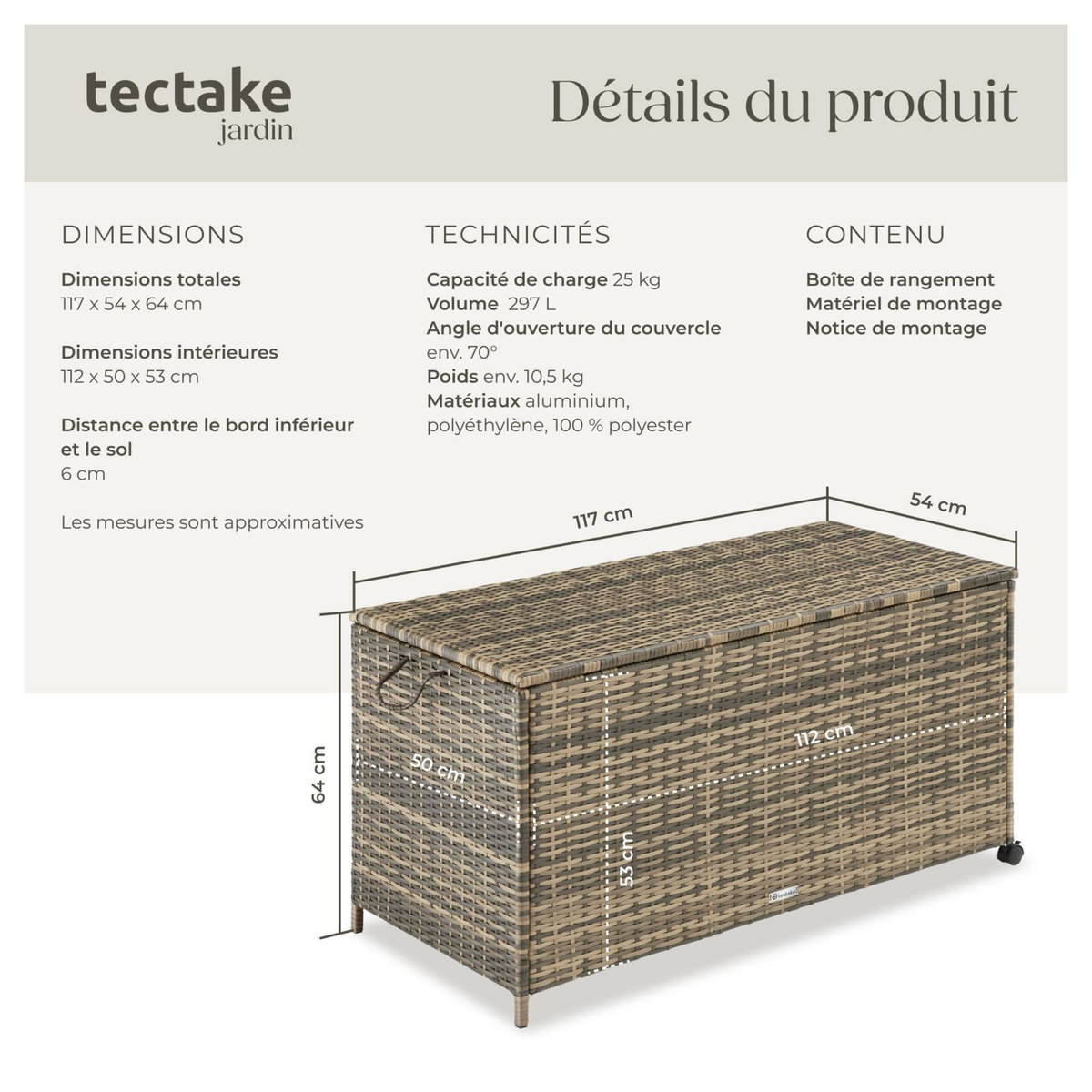tectake Coffre de jardin caisse de rangement pour coussins 297 l, avec cadre en aluminium et tressage en rotin marron naturel
